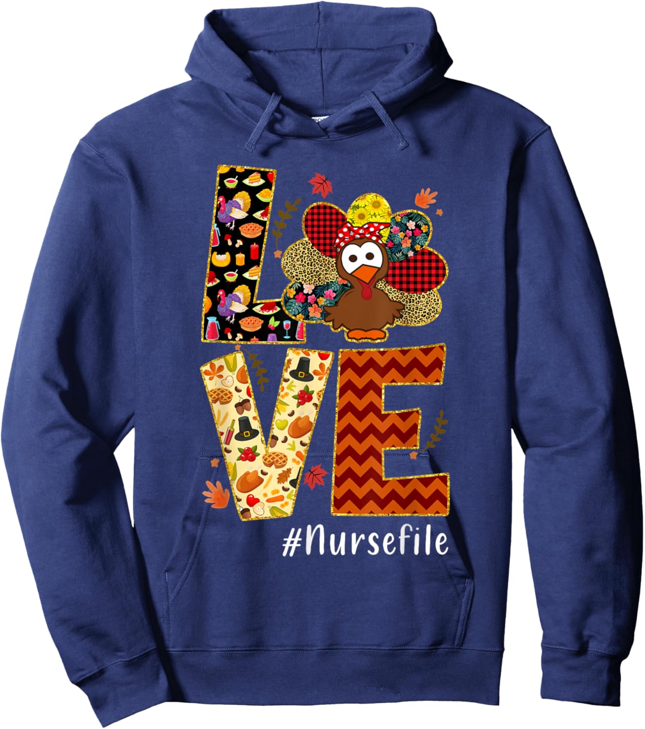 Love Turkey Nurse Thanksgiving - Love Nurse Life - -Adults & Kids - Nurses, Families, Supporters - Black - Small - Short Sleeve Hoodie - Hoodie | Navy
