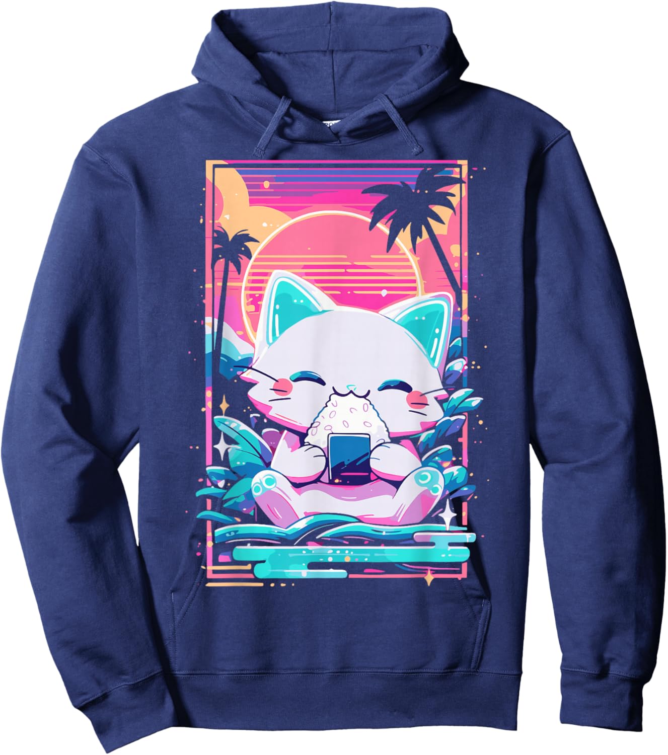 Anime Cat Eating Onigiri Japanese Sushi Cat Japan Hoodie - Hoodie | Navy