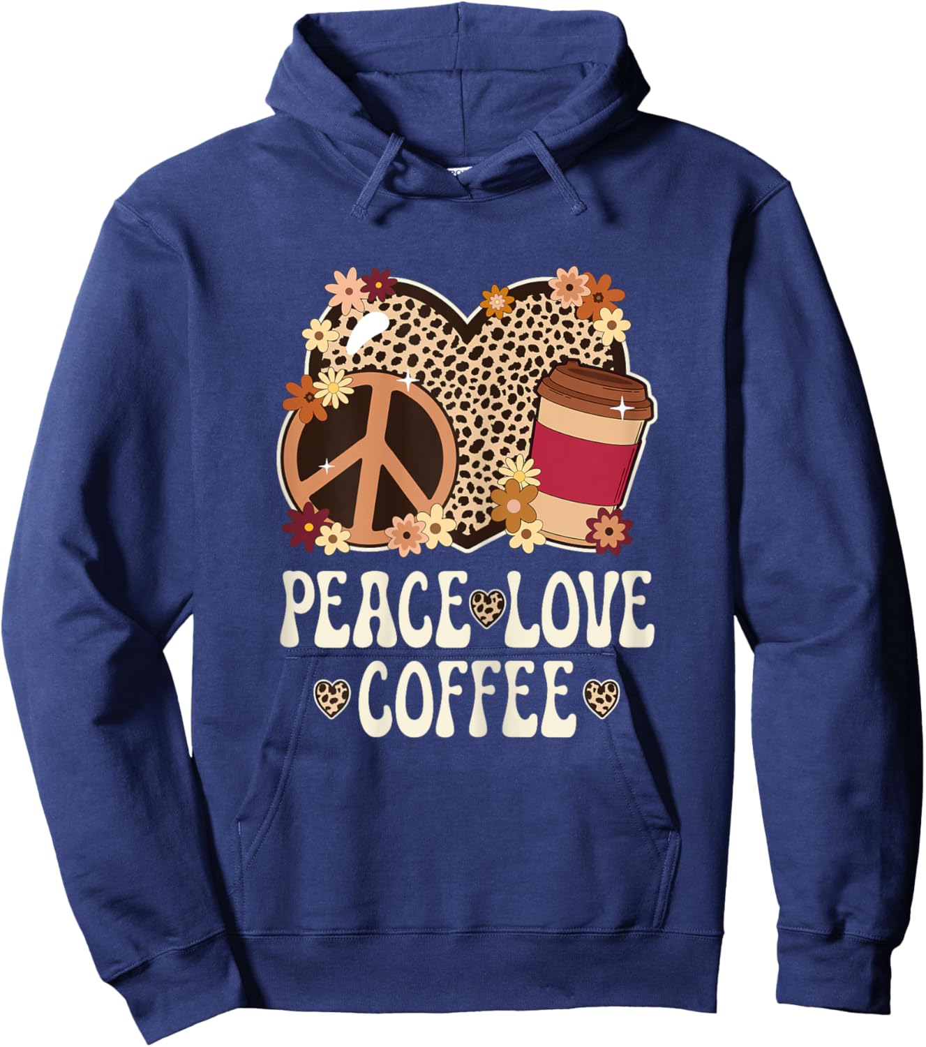 Peace Love Coffee Lover Cheetah Print Women Girl Cute Coffee Hoodie - Hoodie | Navy