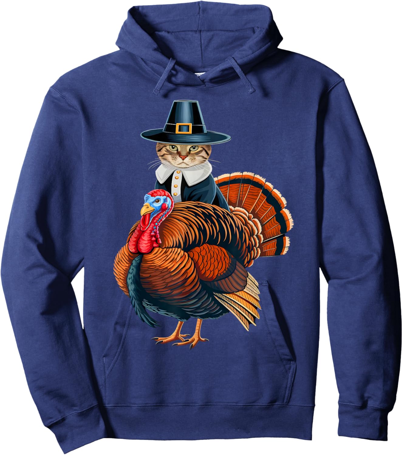 Pilgrim Cat With Turkey Funny Thanksgiving Cat And Turkey Hoodie - Hoodie | Navy
