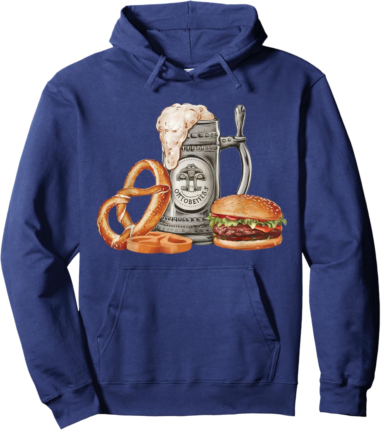 Oktoberfest Beer Mug with Pretzel and Burger, Festive Bavar Hoodie - Hoodie | Navy