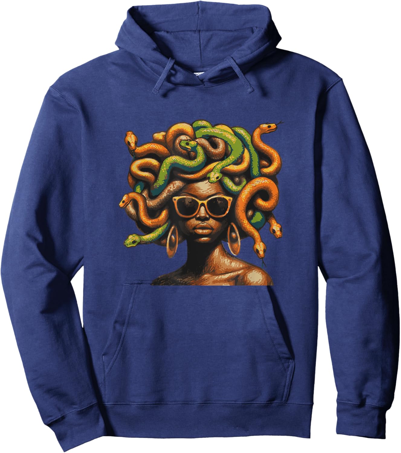 Afro Black Melanin Skin Tone with Medusa Snake Hairstyle Hoodie - Hoodie | Navy