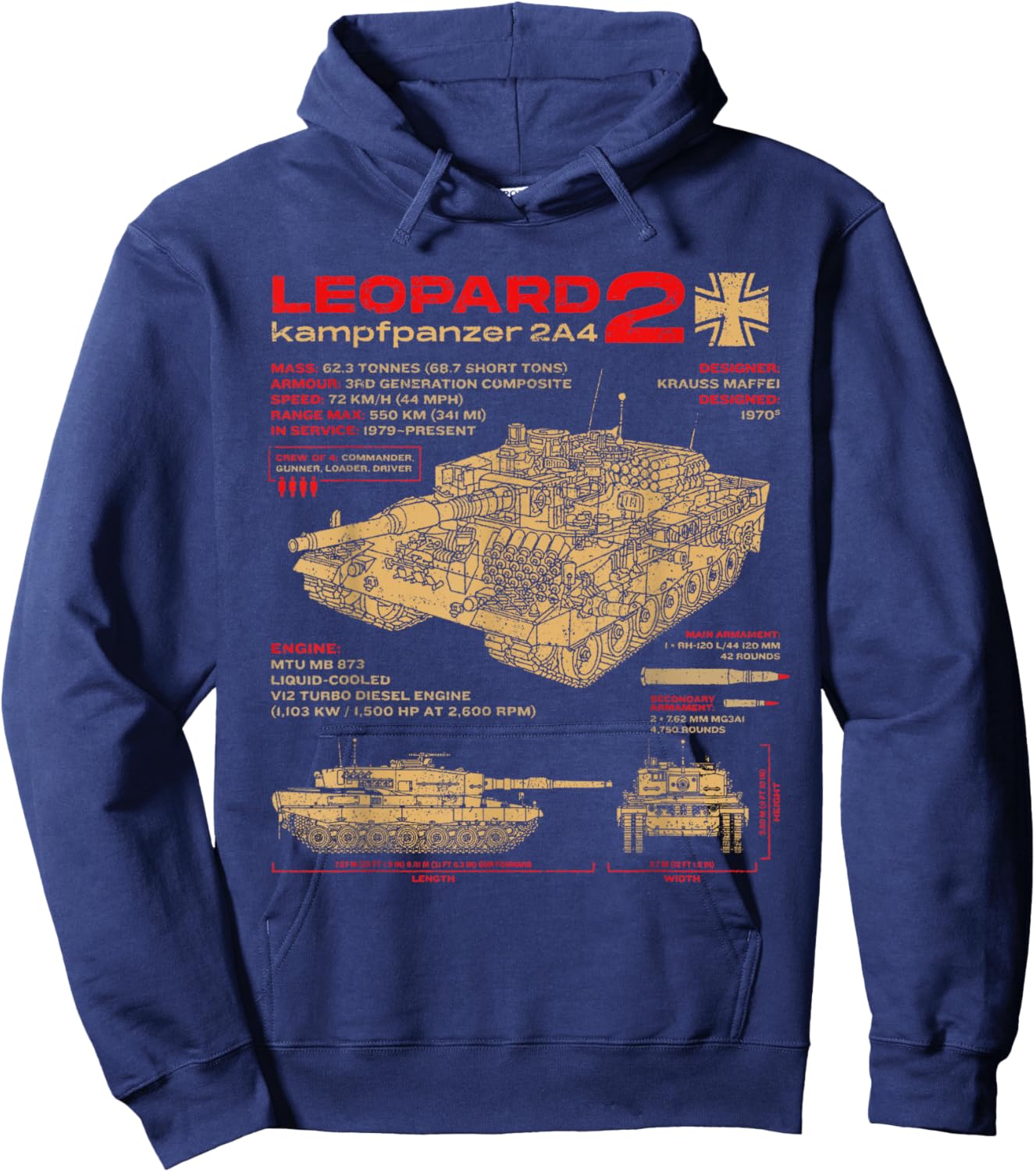Leopard 2 2A4 Tank Armored Vehicle Blueprint Hoodie - Hoodie | Navy