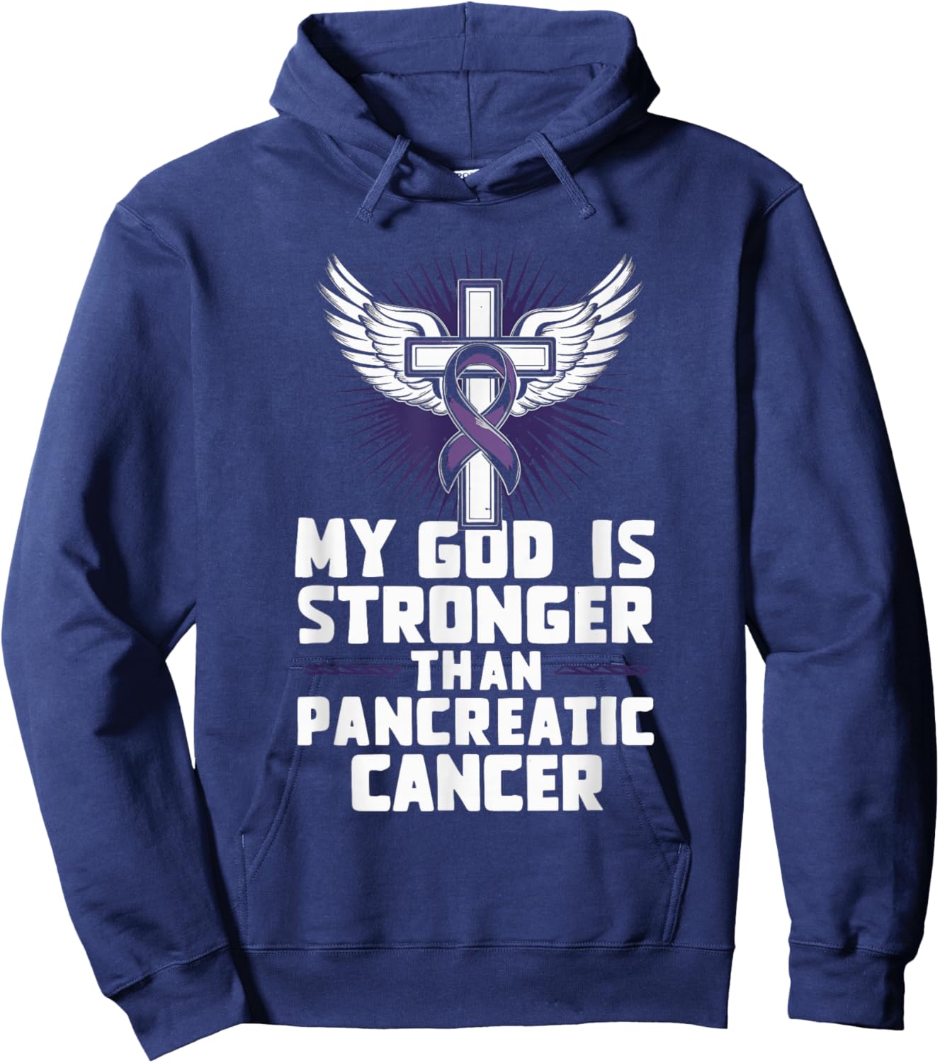 My God Is Stronger Than Pancreatic Cancer Purple Ribbon Hoodie - Hoodie | Navy