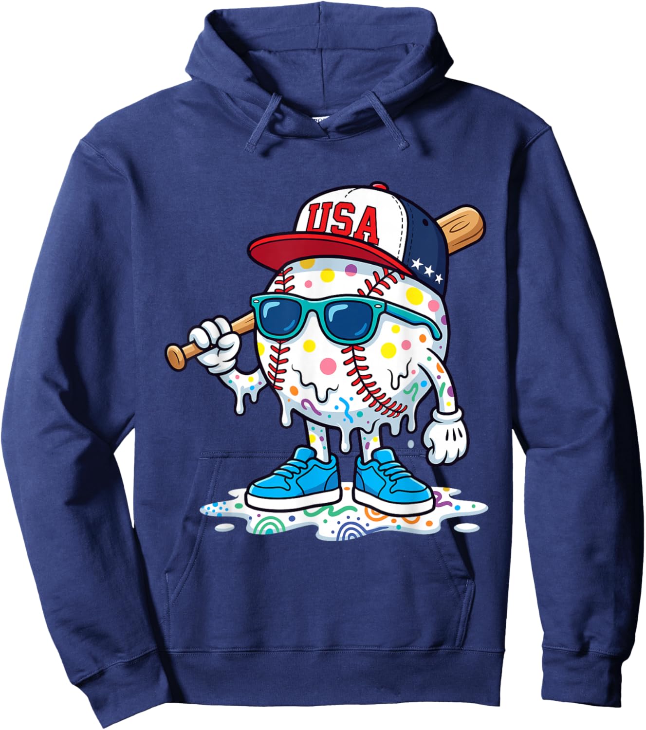 Baseball Drip American Flag for Boys Kids Youth 4th of July Hoodie - Hoodie | Navy