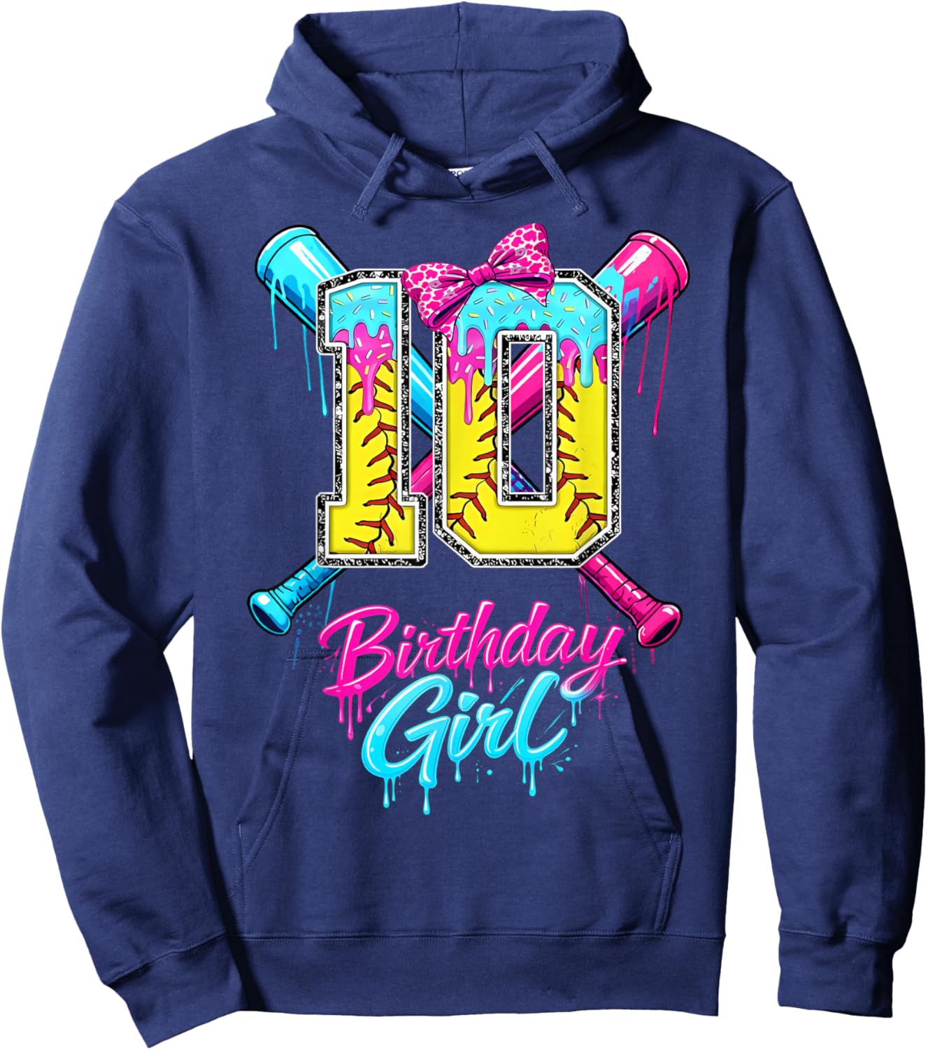 Kids 10th Birthday Girl Softball Ice Cream Drip Coquette Bow Hoodie - Hoodie | Navy