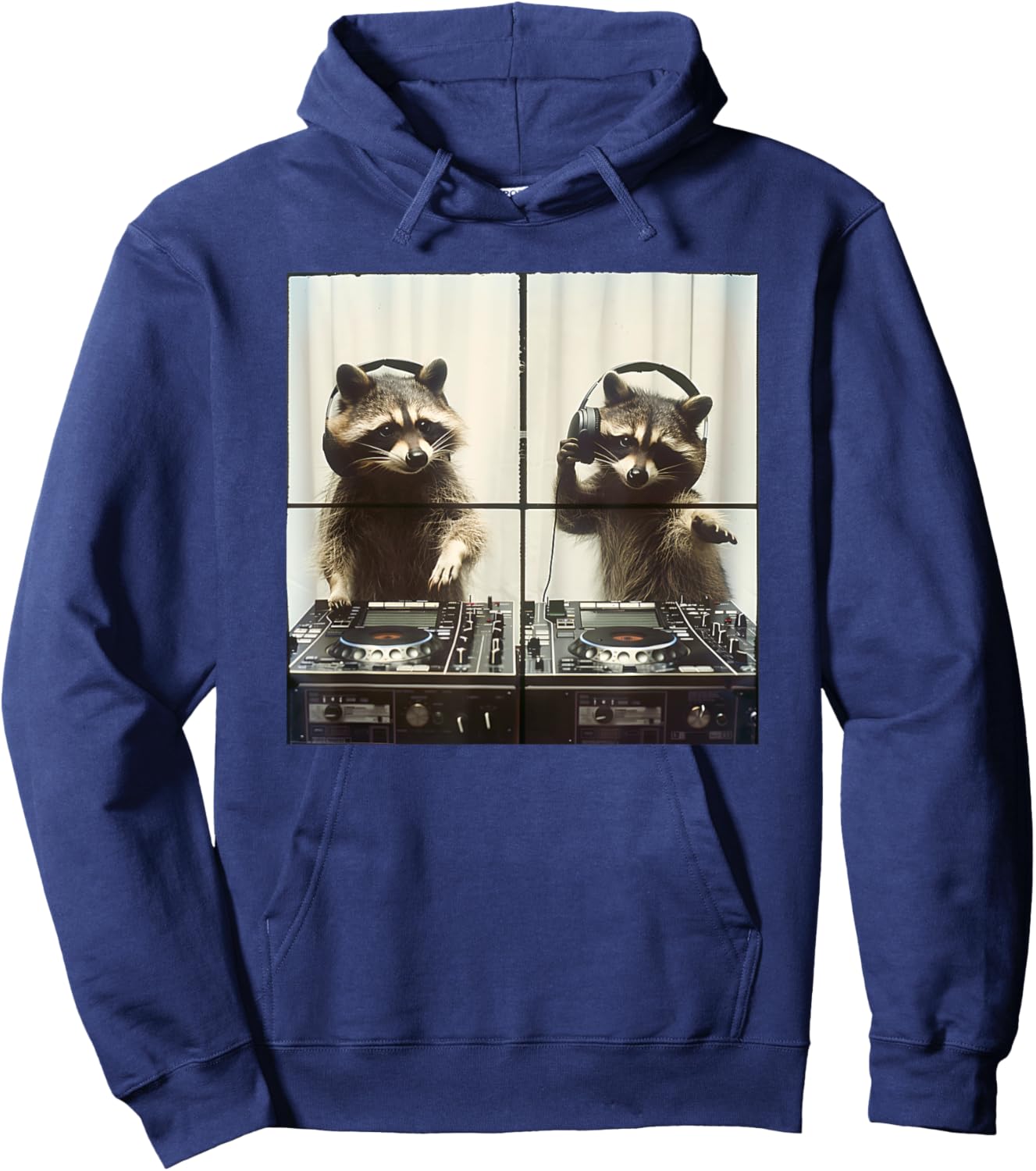 DJ Raccoon Vinyl Turntables 90s EDM Music Raccoon DJ Hoodie - Hoodie | Navy