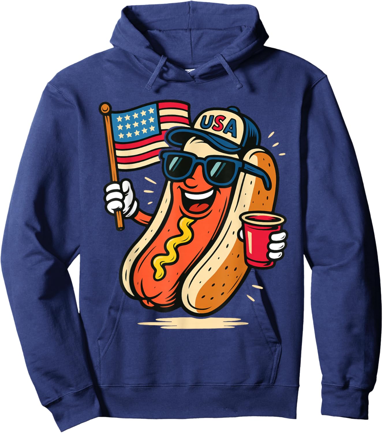 Funny 4th of July Hotdog Fourth of July Patriotic USA Flag Hoodie - Hoodie | Navy