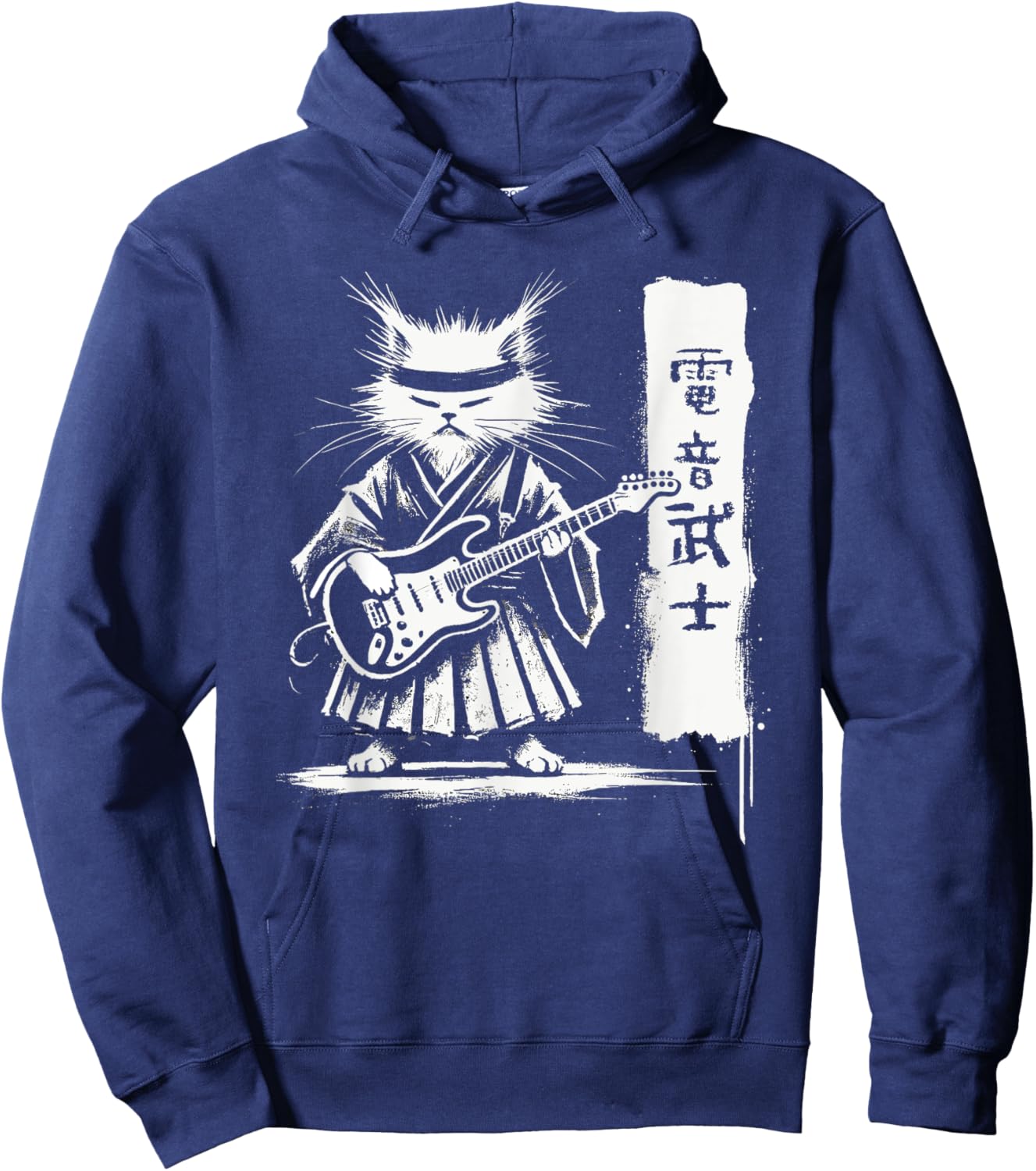 Samurai Japanese Kawaii Rock Music Men Kids Women Cat Guitar Hoodie - Hoodie | Navy