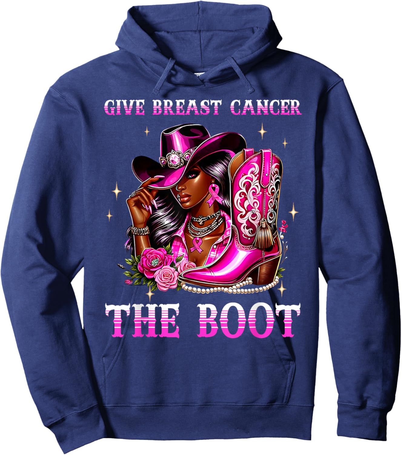Give Breast Cancer The Boot Cowgirl Cancer Awareness Ribbon Hoodie - Hoodie | Navy