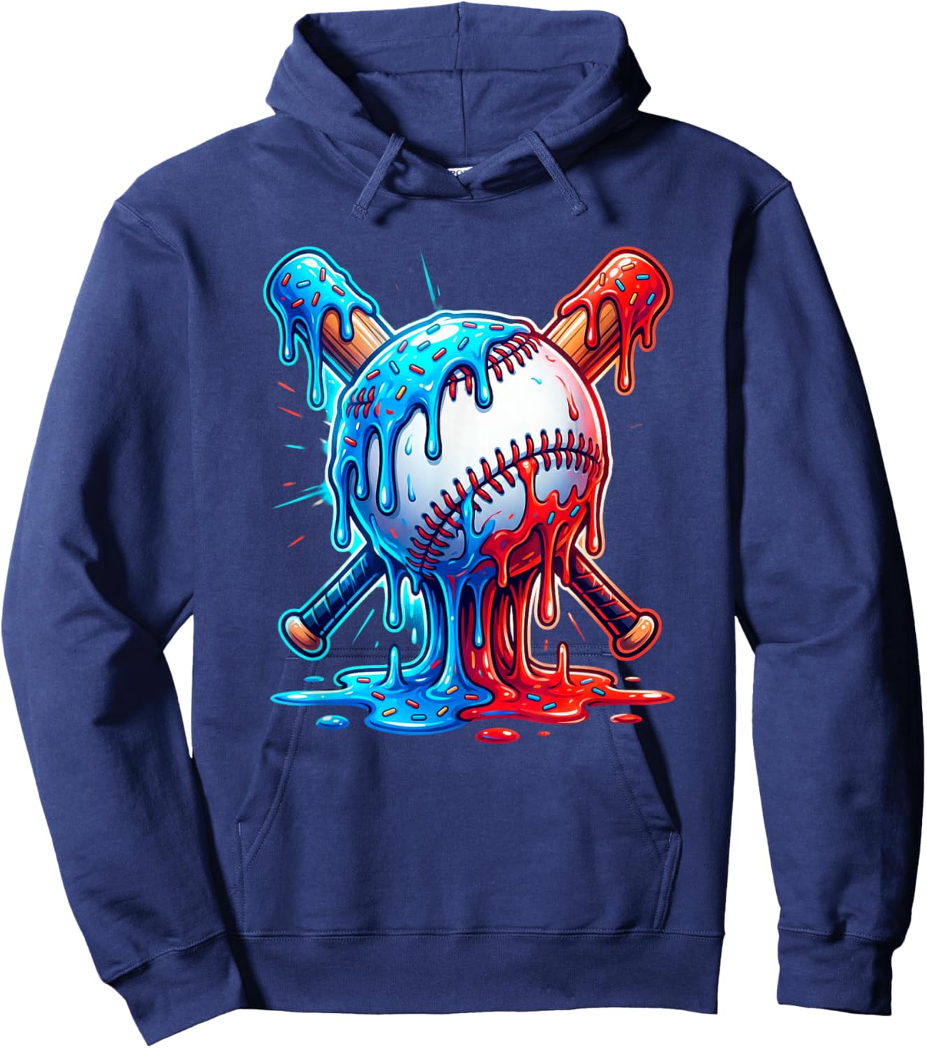 Baseball Drip Ice Cream Bright Crossed Bat Melt Graphic Hoodie - Hoodie | Navy
