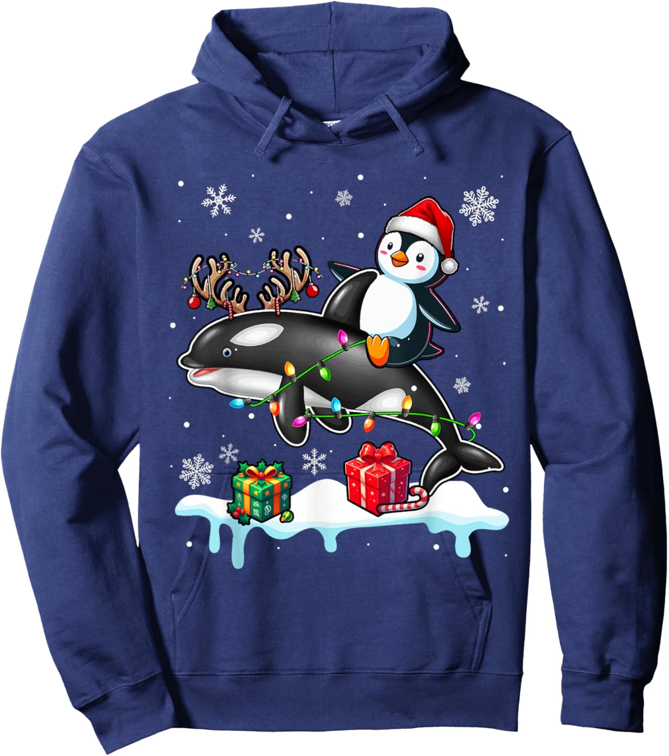 Christmas Santa Penguin Riding Reindeer Orca Lover Kids Hoodie - Hoodie | Navy