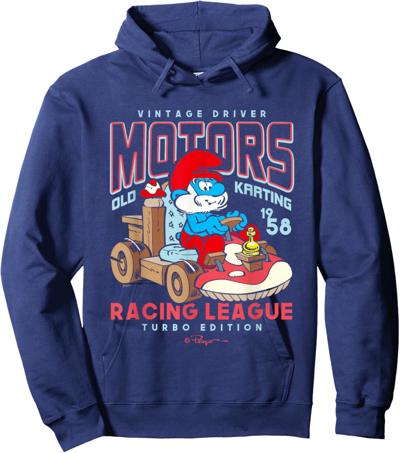 The Smurfs Vintage Driver Motors Old Karting Papa Smurf Logo Hoodie - Hoodie | Navy