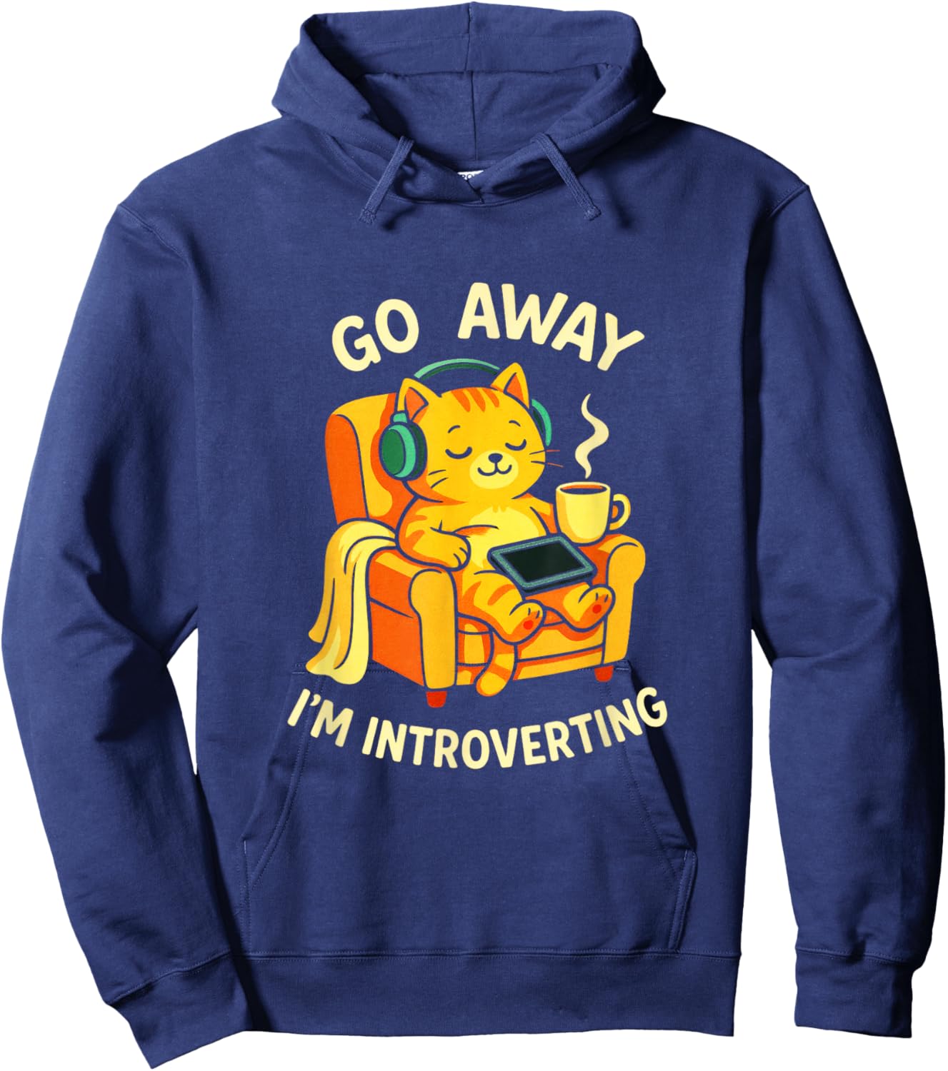 Go Away I'm Introverting - Cat Coffee Headphones Hoodie - Hoodie | Navy