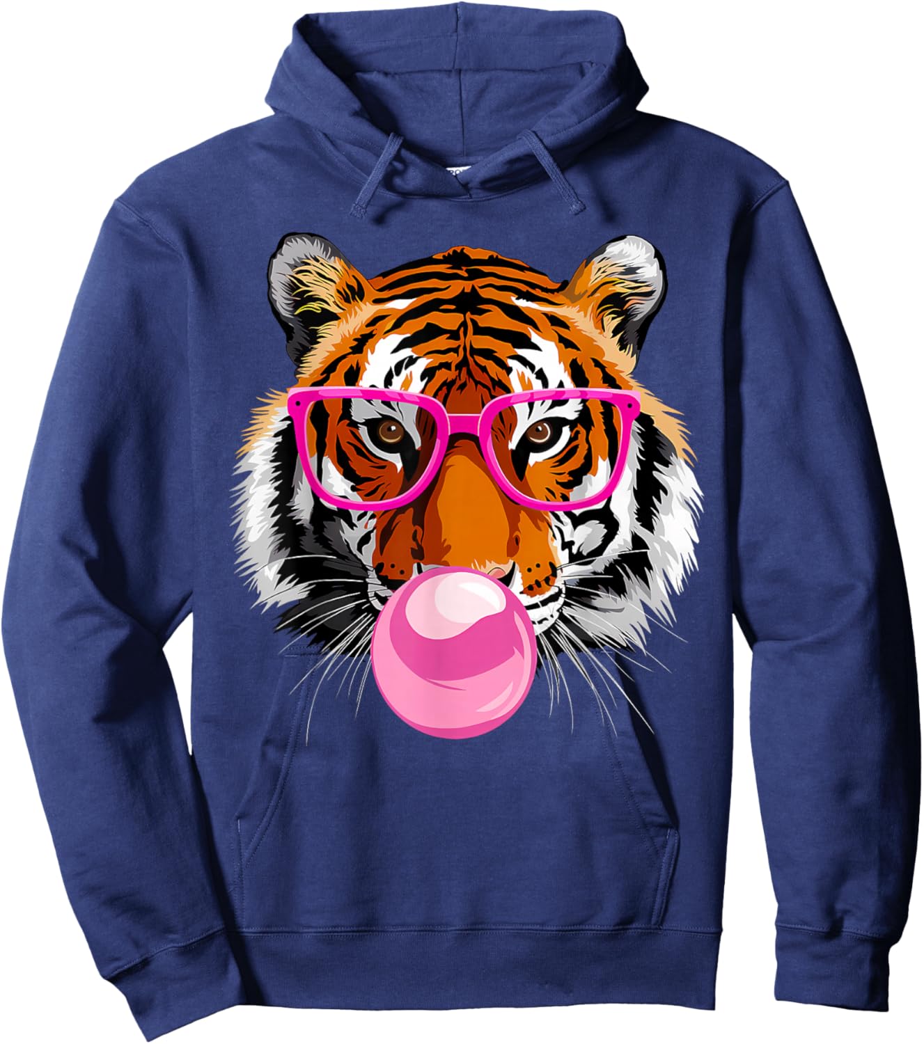 Funny Tiger Wearing Glasses and Blowing Pink Bubble Gum Hoodie - Hoodie | Navy