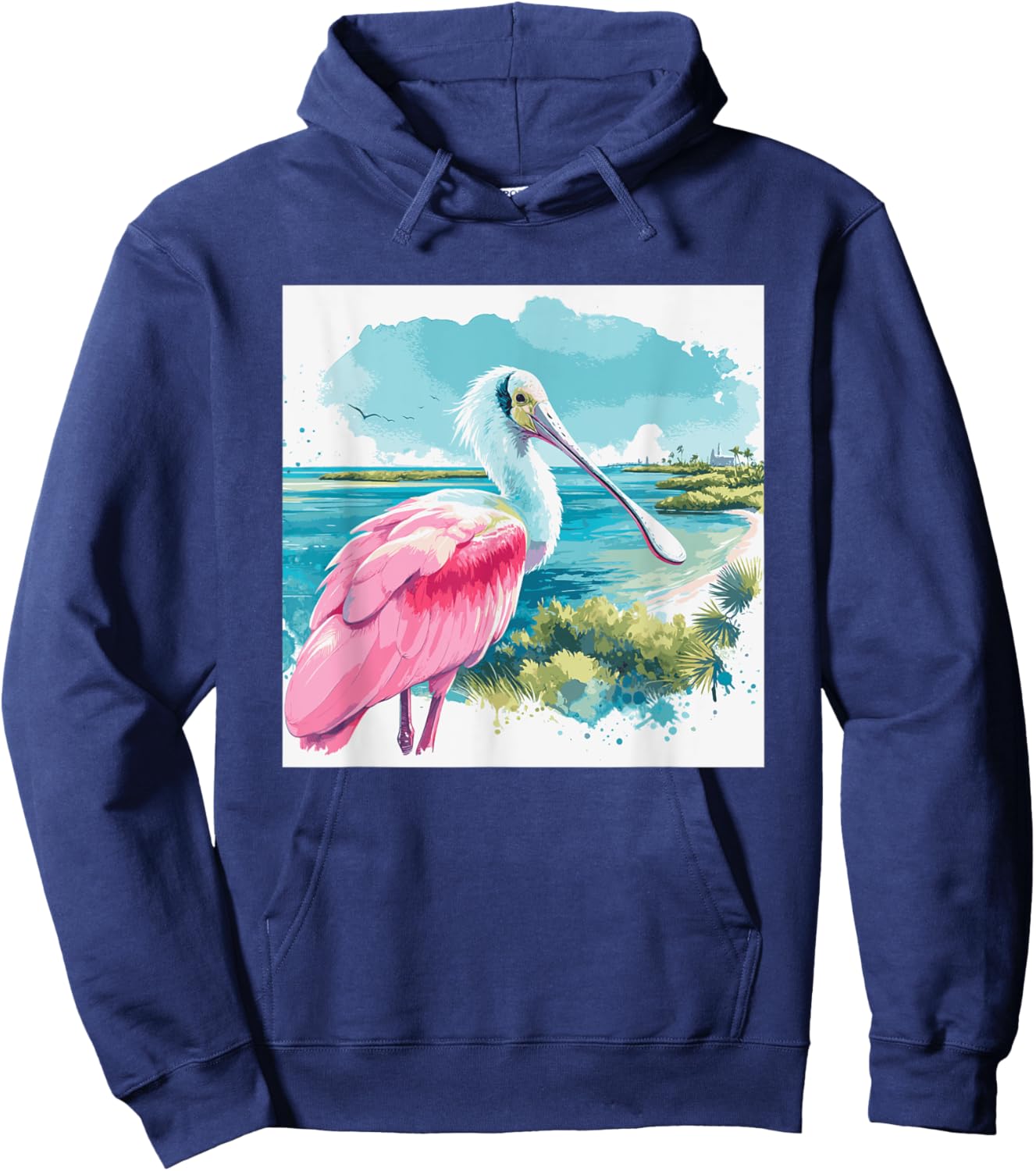 Roseate Spoonbill watercolor art in tropical setting Hoodie - Hoodie | Navy