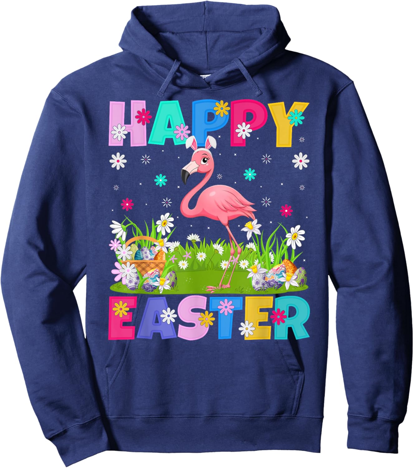 Flamingo Happy Easter Egg Hunt Bunny Ear Flamingo Easter Hoodie - Hoodie | Navy