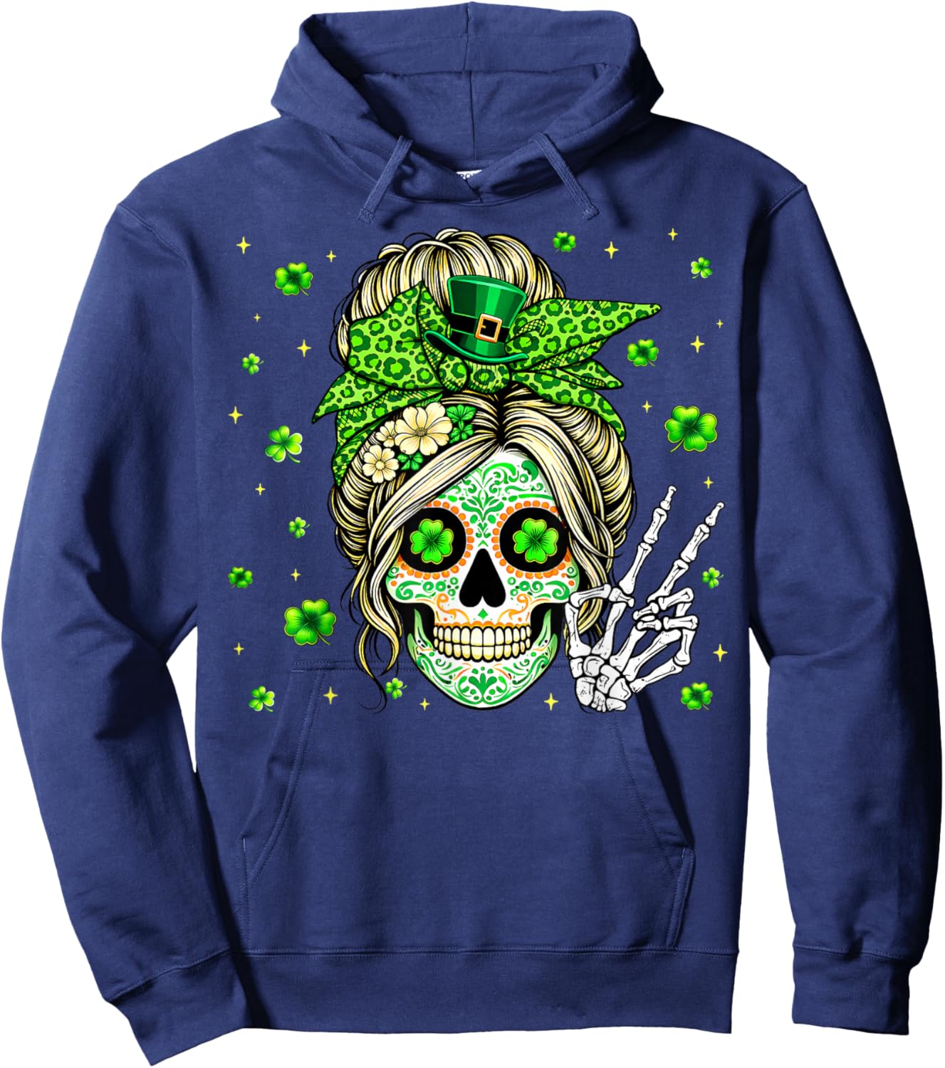 Sugar Skull Messy Bun Leopard Shamrock St Patricks Women Hoodie - Hoodie | Navy
