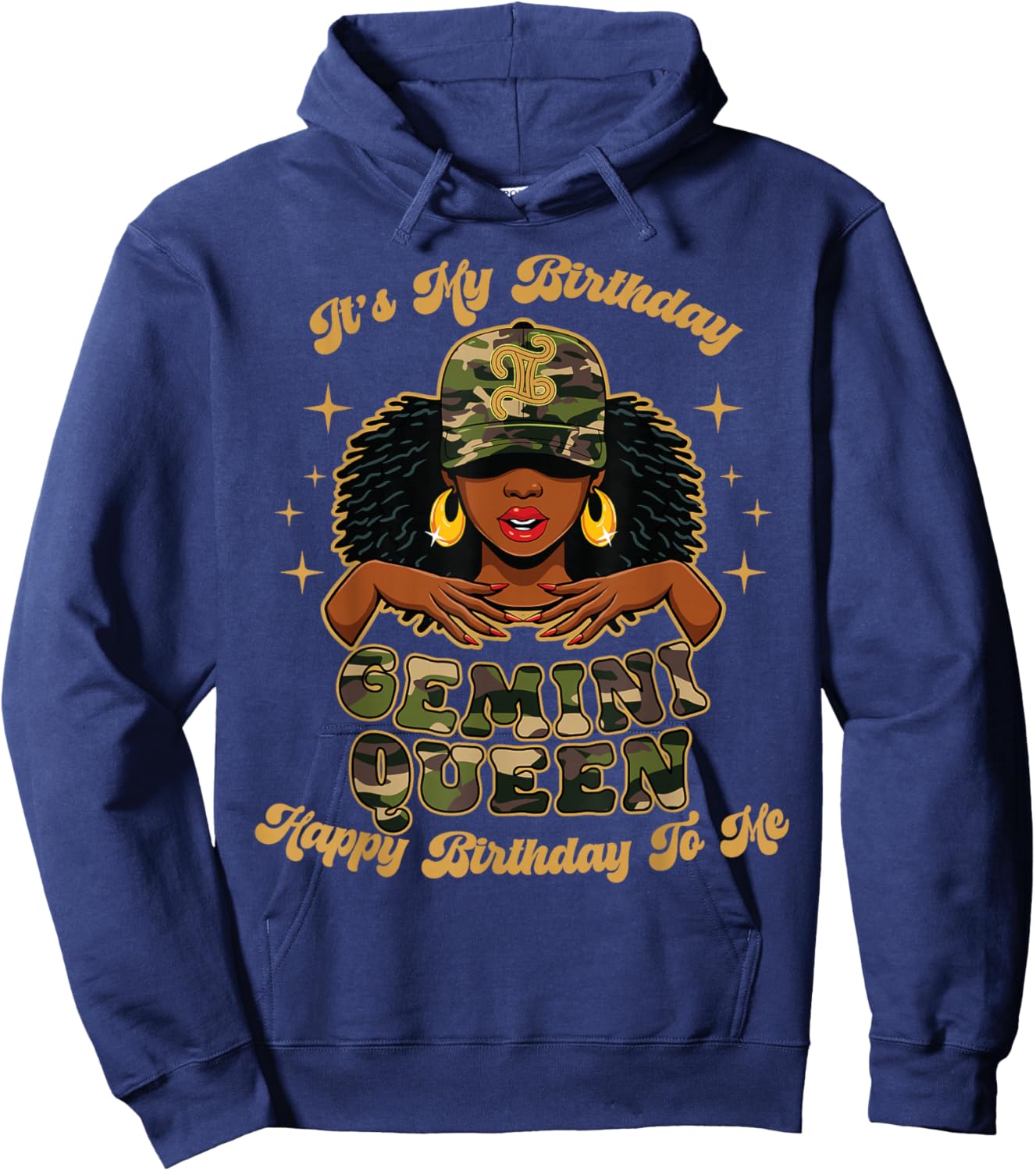 Birthday Gemini Queen Camo Black Woman African Zodiac Afro Hoodie - Hoodie | Navy