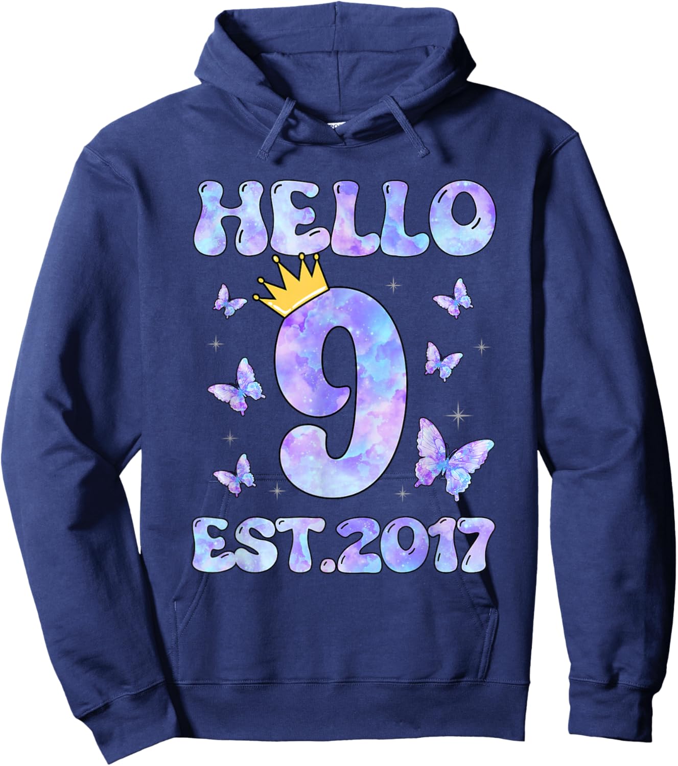 Hello Nine Est 2017 9th Birthday Girl 9 Year Old Butterfly Hoodie - Hoodie | Navy
