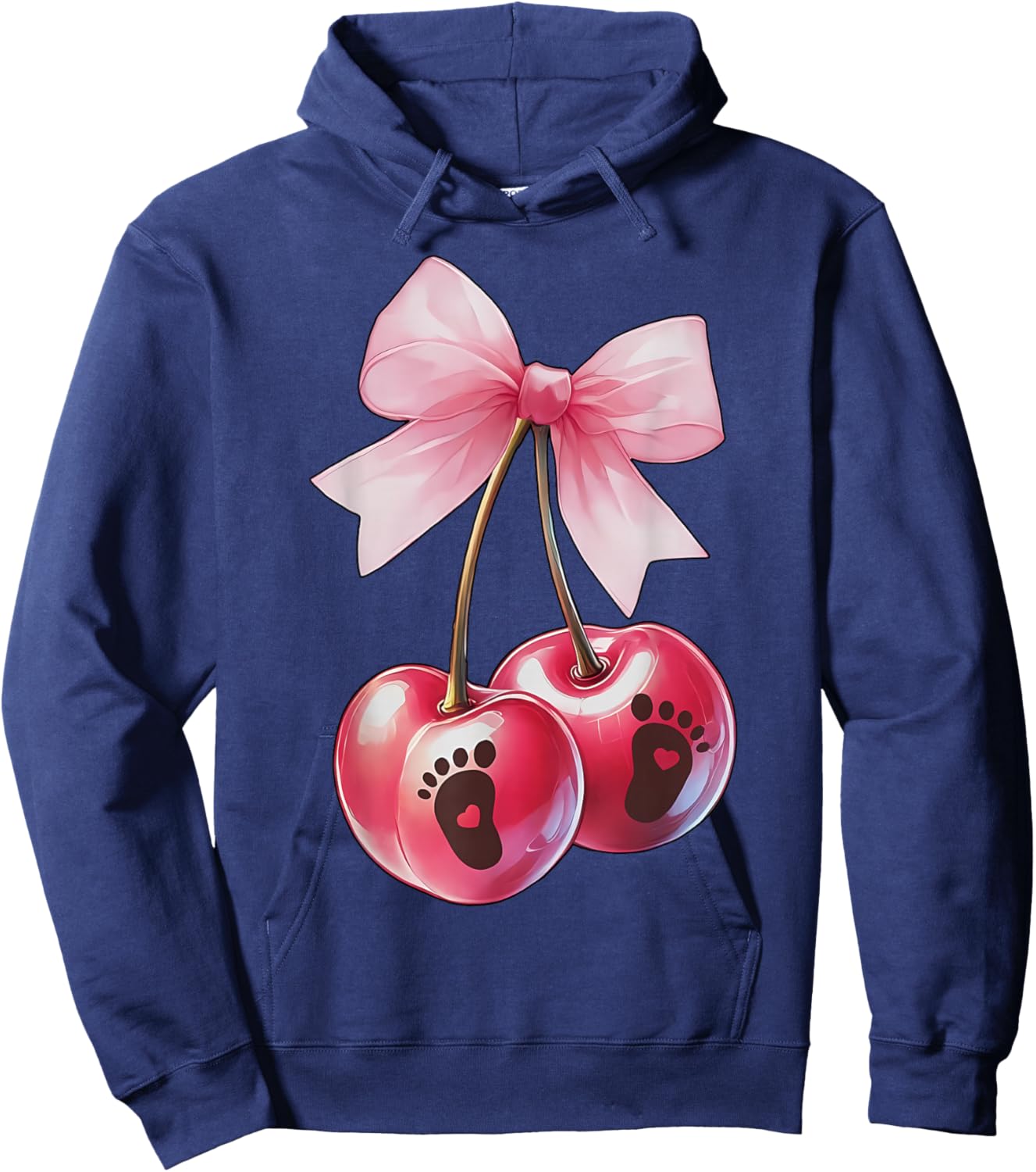 Coquette Cherry Bow With Baby Foot Pregnancy Reveal New Mom Hoodie - Hoodie | Navy