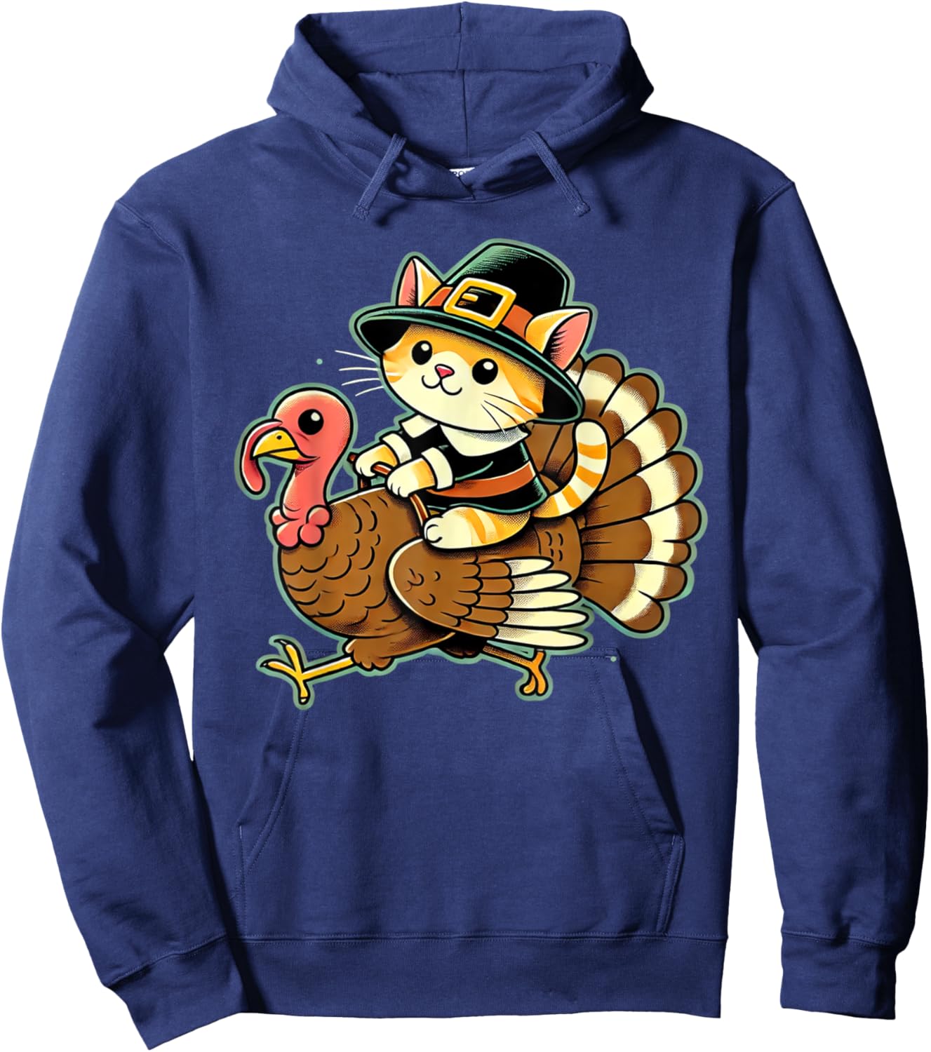 Cute Cat Pilgrim Costume And Turkey Funny Thanksgiving Retro Women Girls Kids Hoodie - Hoodie | Navy