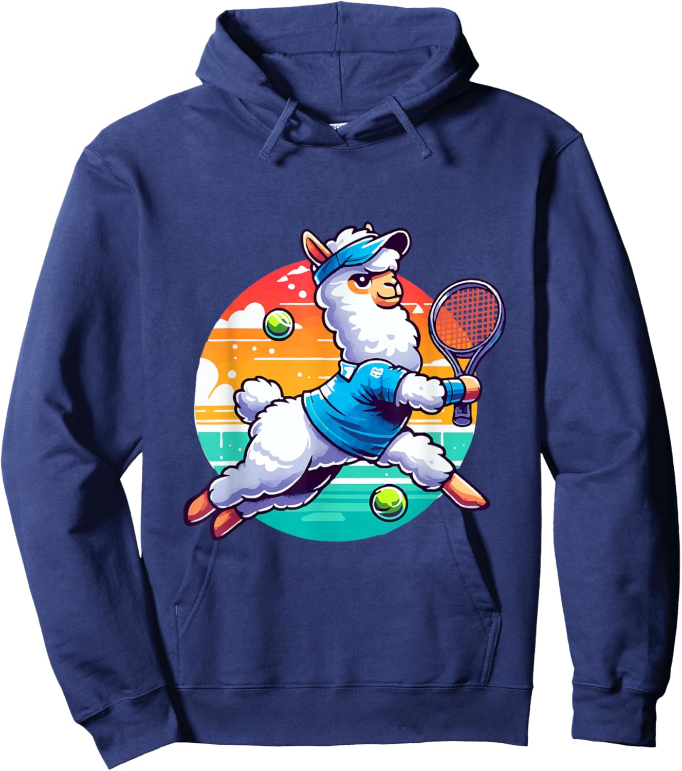 Llama Playing Tennis in Front of a Sunset Hoodie - Hoodie | Navy