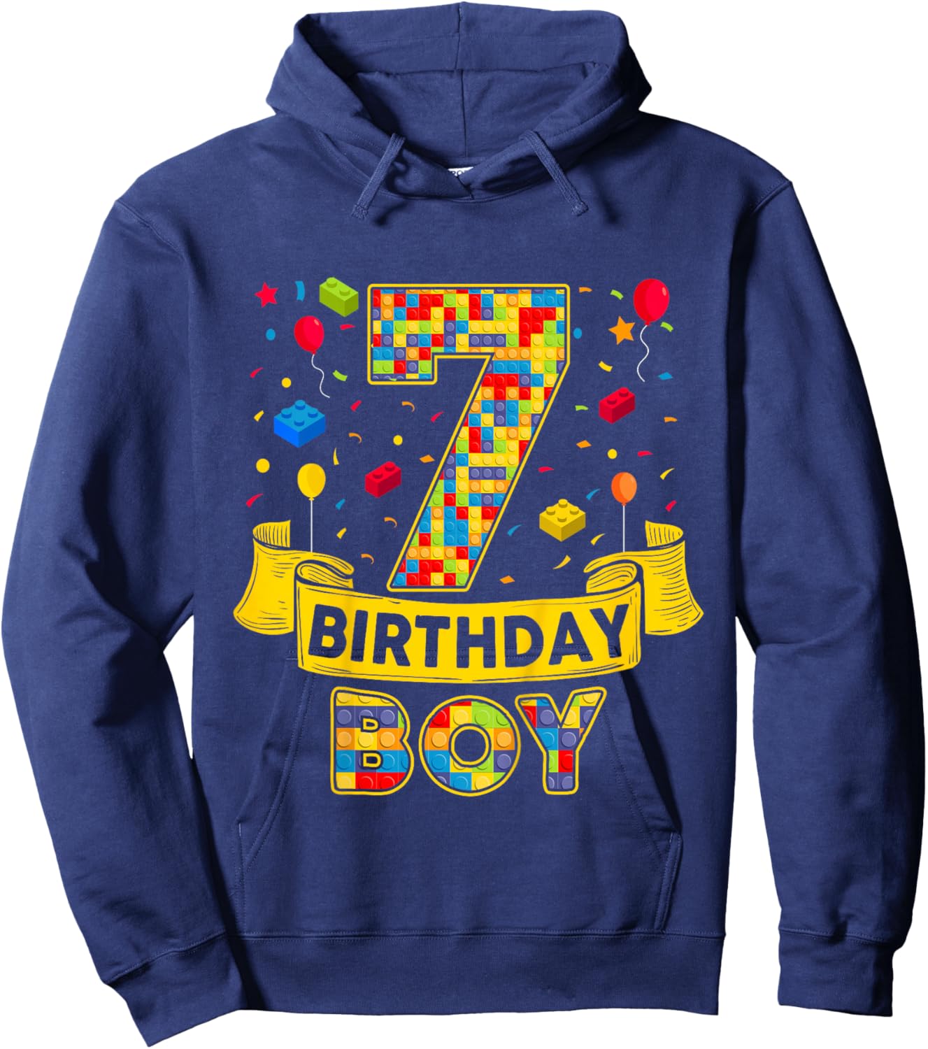 7th Birthday Boy Brick Builder I'm 7 Year Old Birthday Hoodie - Hoodie | Navy