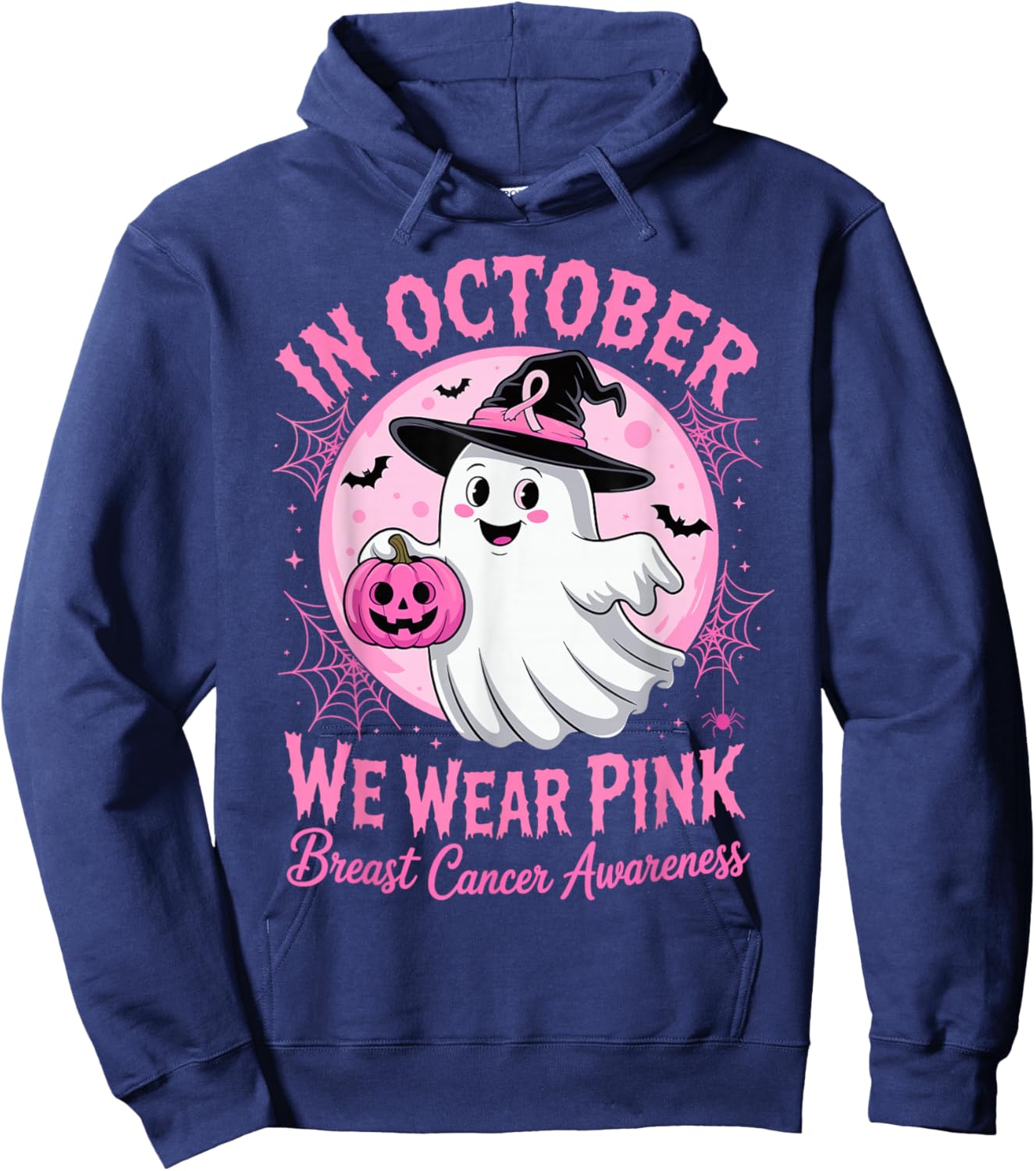 in October We Wear Pink Ghost Pumpkin Breast Cancer Survivor Hoodie - Hoodie | Navy