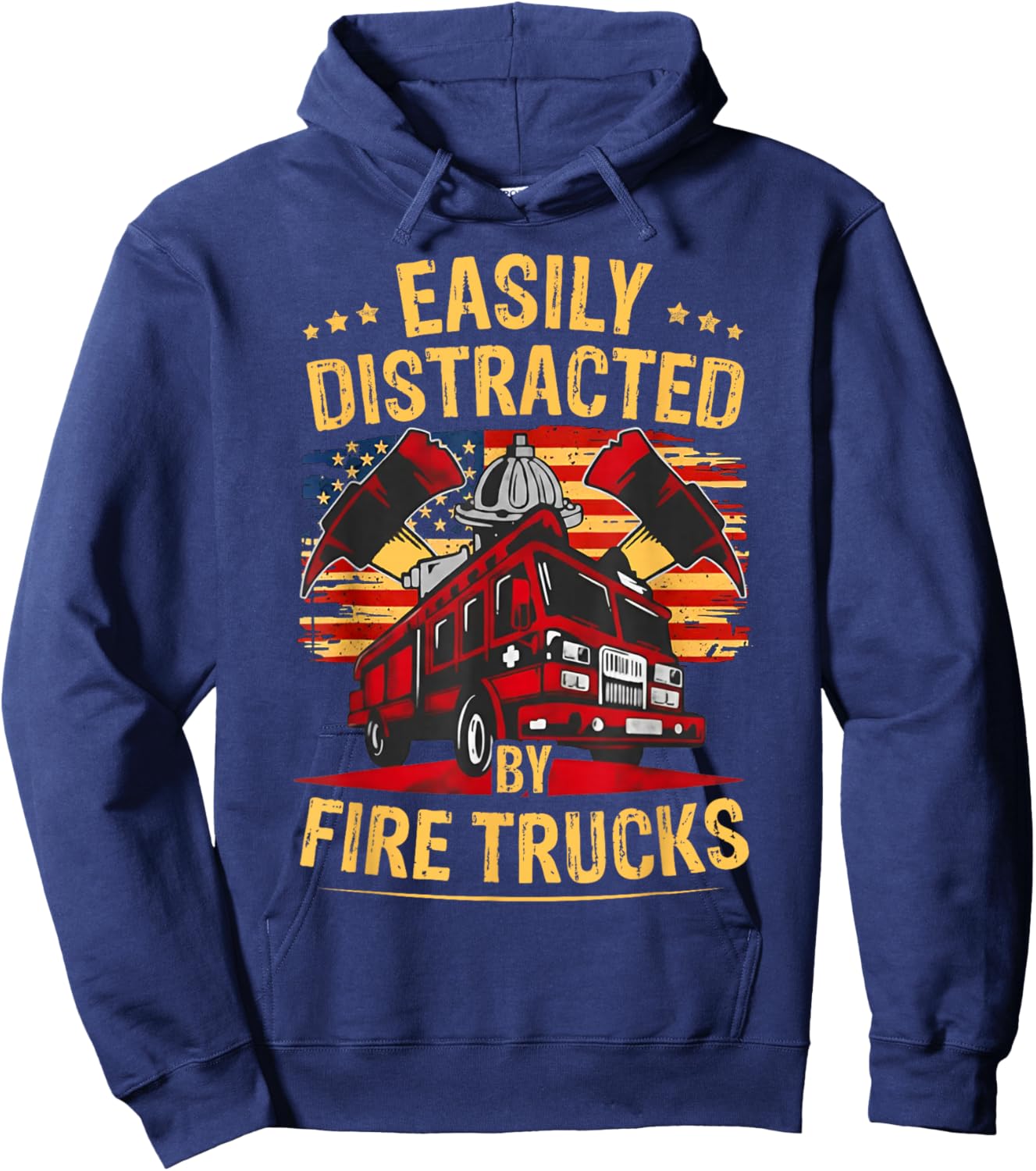 Funny Firefighter Gift Easily Distracted by Fire Trucks Hoodie - Hoodie | Navy