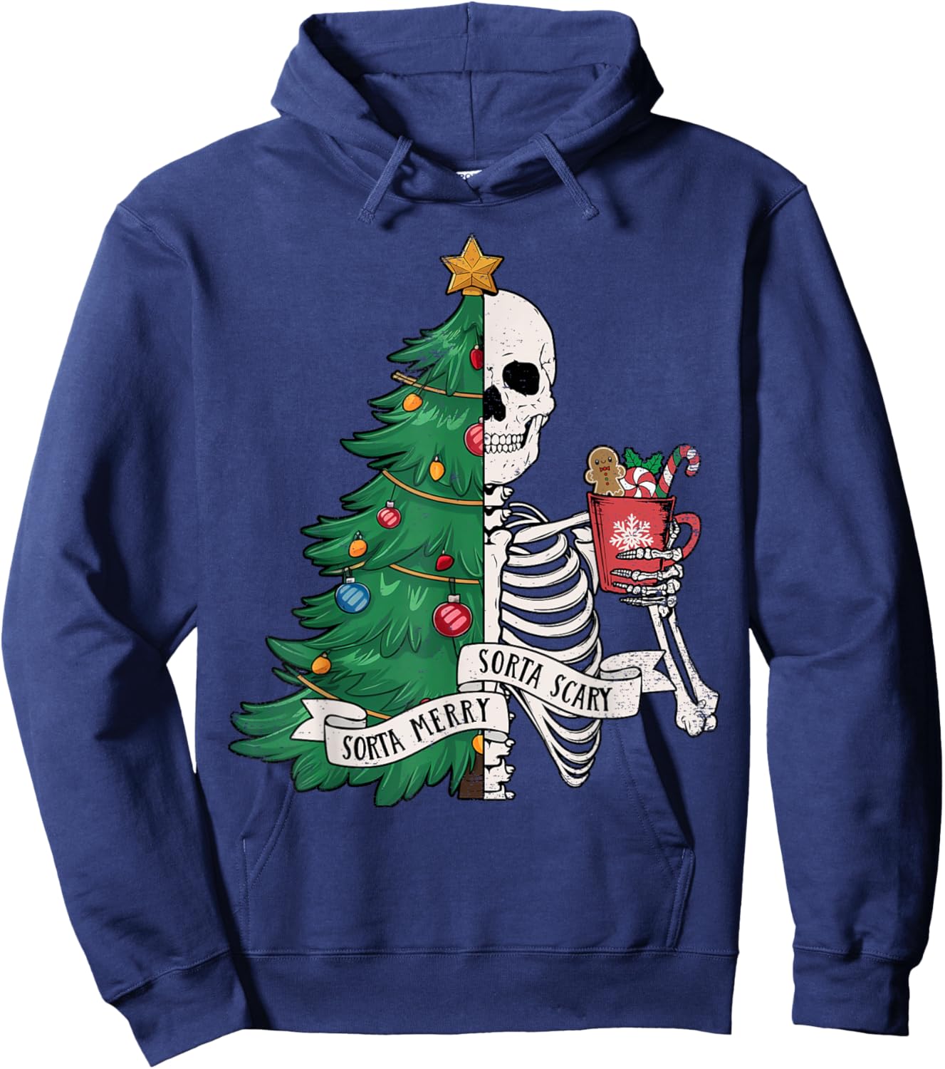 Funny Christmas Sorta Merry Sorta Scary Skeleton Xmas Tree Hoodie - Hoodie | Navy