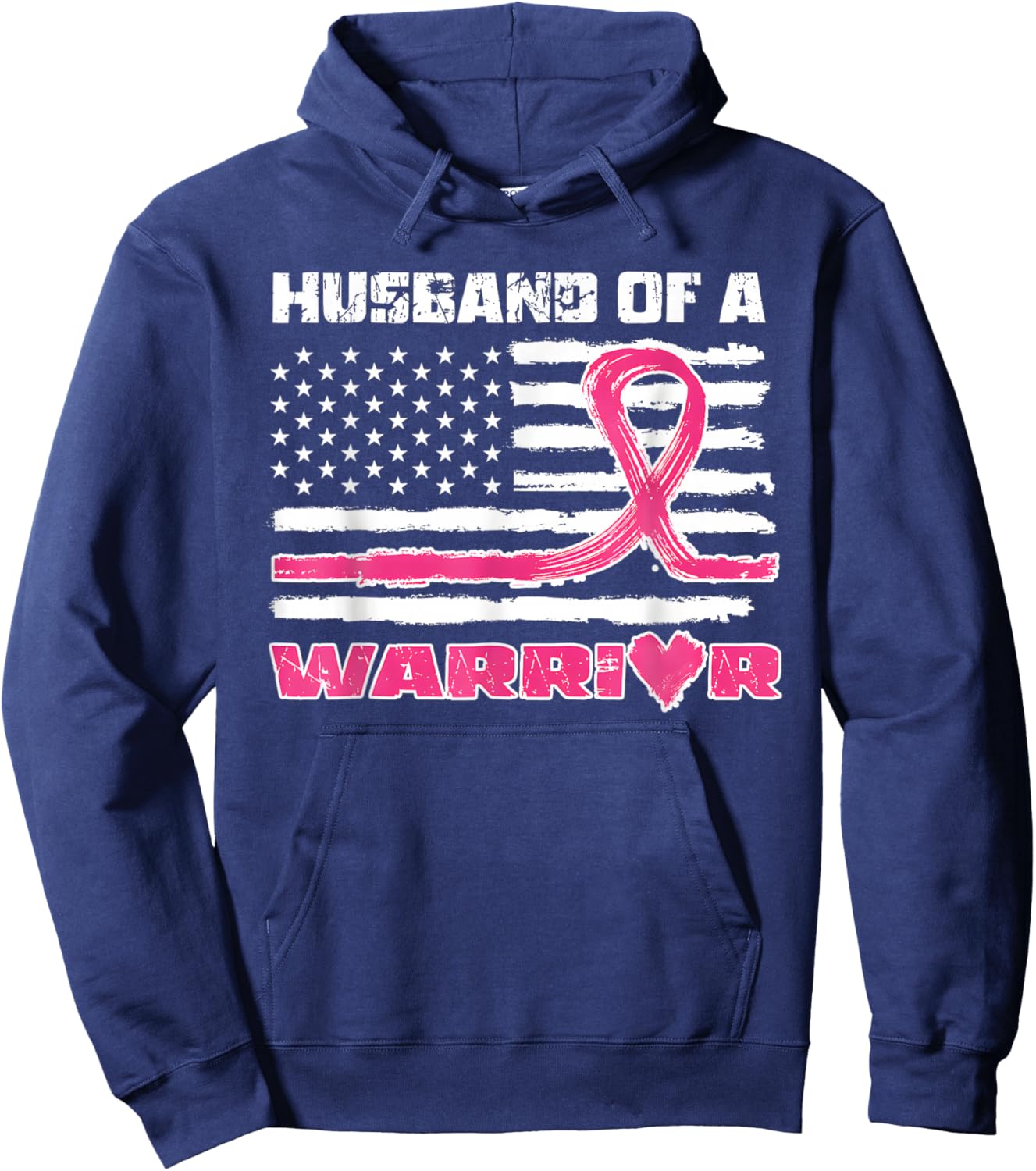 Pink Ribbon American Flag Husband Of A Warrior Breast Cancer Hoodie - Hoodie | Navy