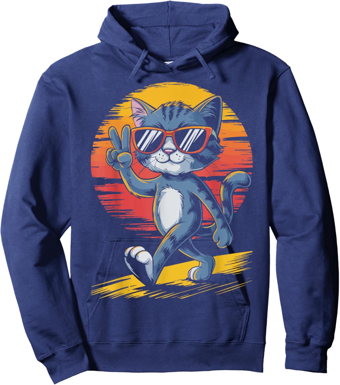 Retro Sunset Cool Cat With Sunglasses Peace Sign Hoodie - Hoodie | Navy