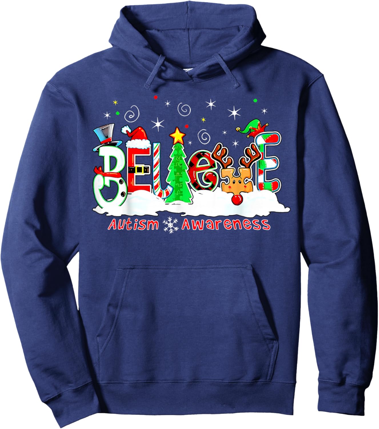 Believe Autism Awareness Christmas Tree Light Santa Reindeer Hoodie - Hoodie | Navy
