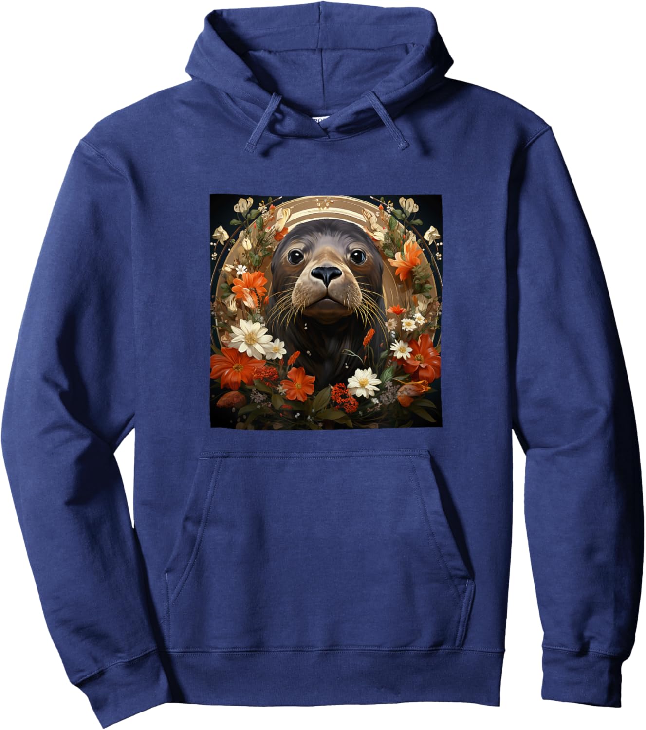 Seal With Flowers Around Boho Style Graphic Hoodie - Hoodie | Navy