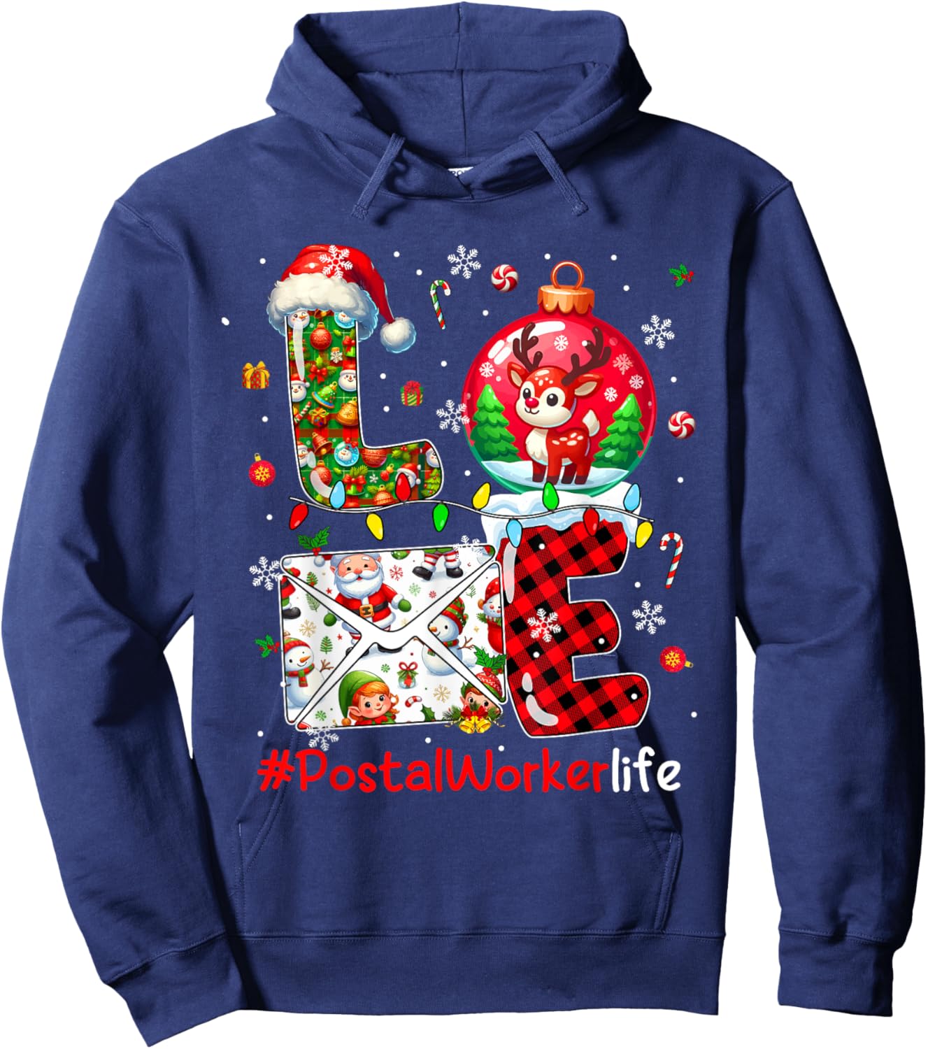 LOVE Postal Worker Christmas Santa Reindeer Matching Team Hoodie - Hoodie | Navy