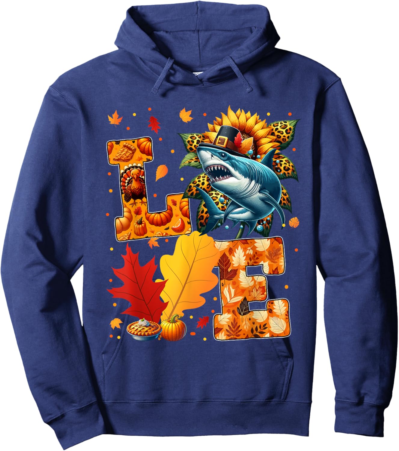 LOVE Thanksgiving Shark Fall Leaves Sunflower Sea Animals Hoodie - Hoodie | Navy