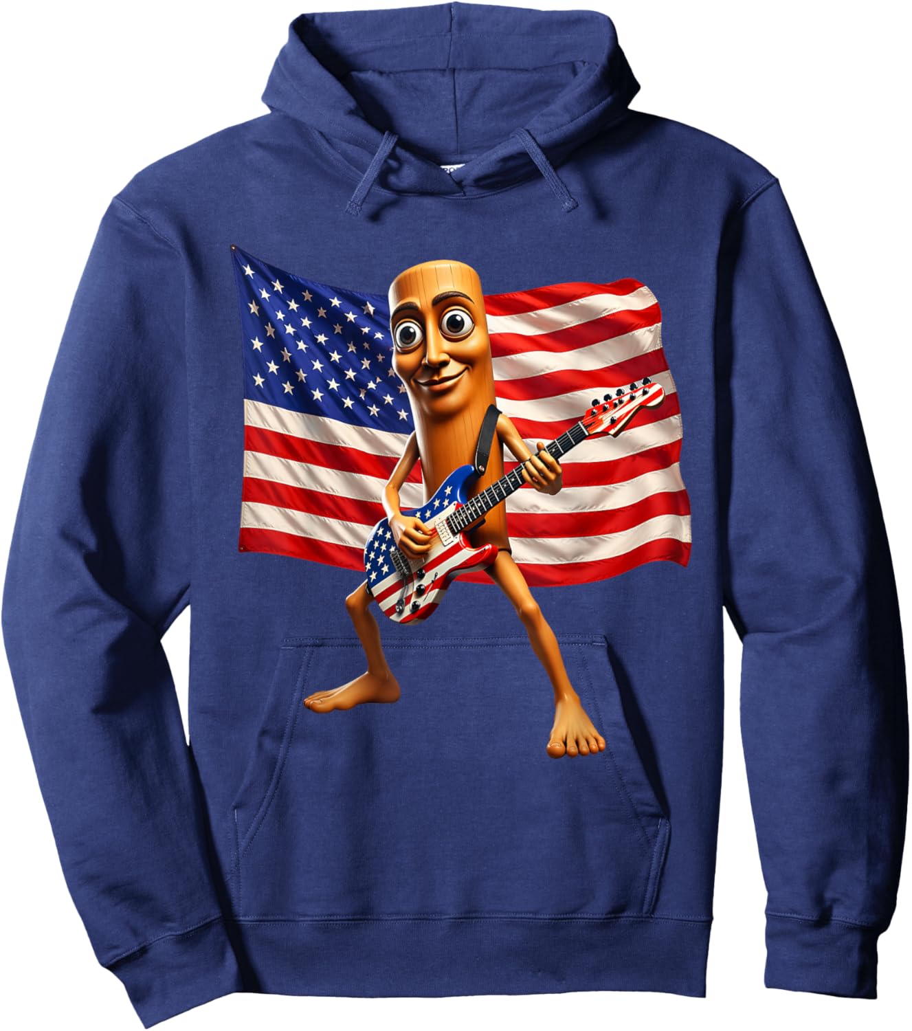 Brainrot 4th July US Flag America Tung Sahur Electric Guitar Hoodie - Hoodie | Navy