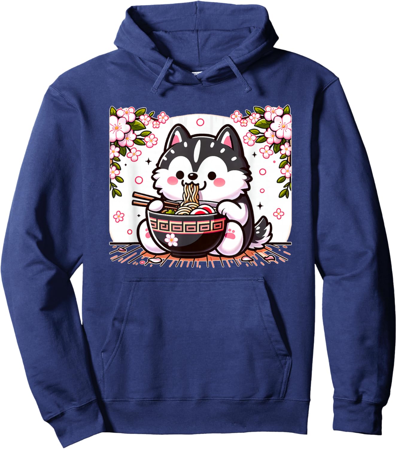 Kawaii Husky dog Eating Ramen Hoodie - Hoodie | Navy