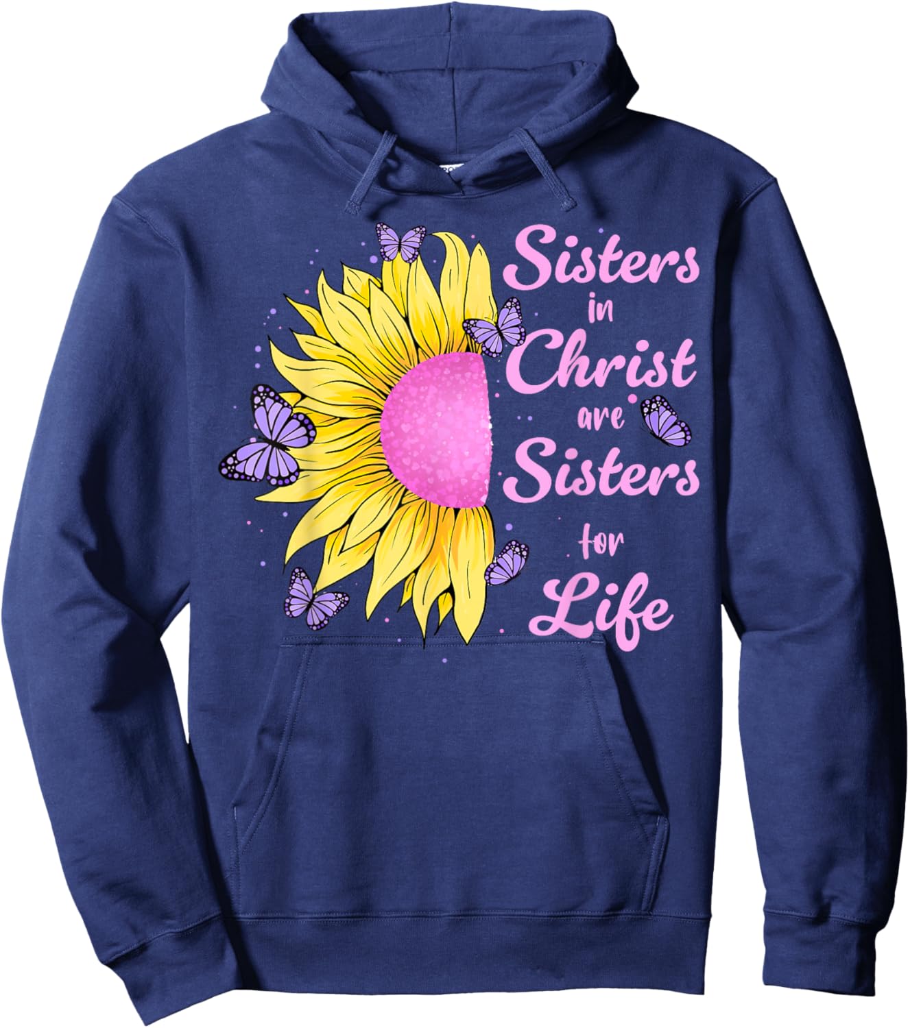 Sisters in Christ Pretty Sunflower And Butterfly Christian Hoodie - Hoodie | Navy