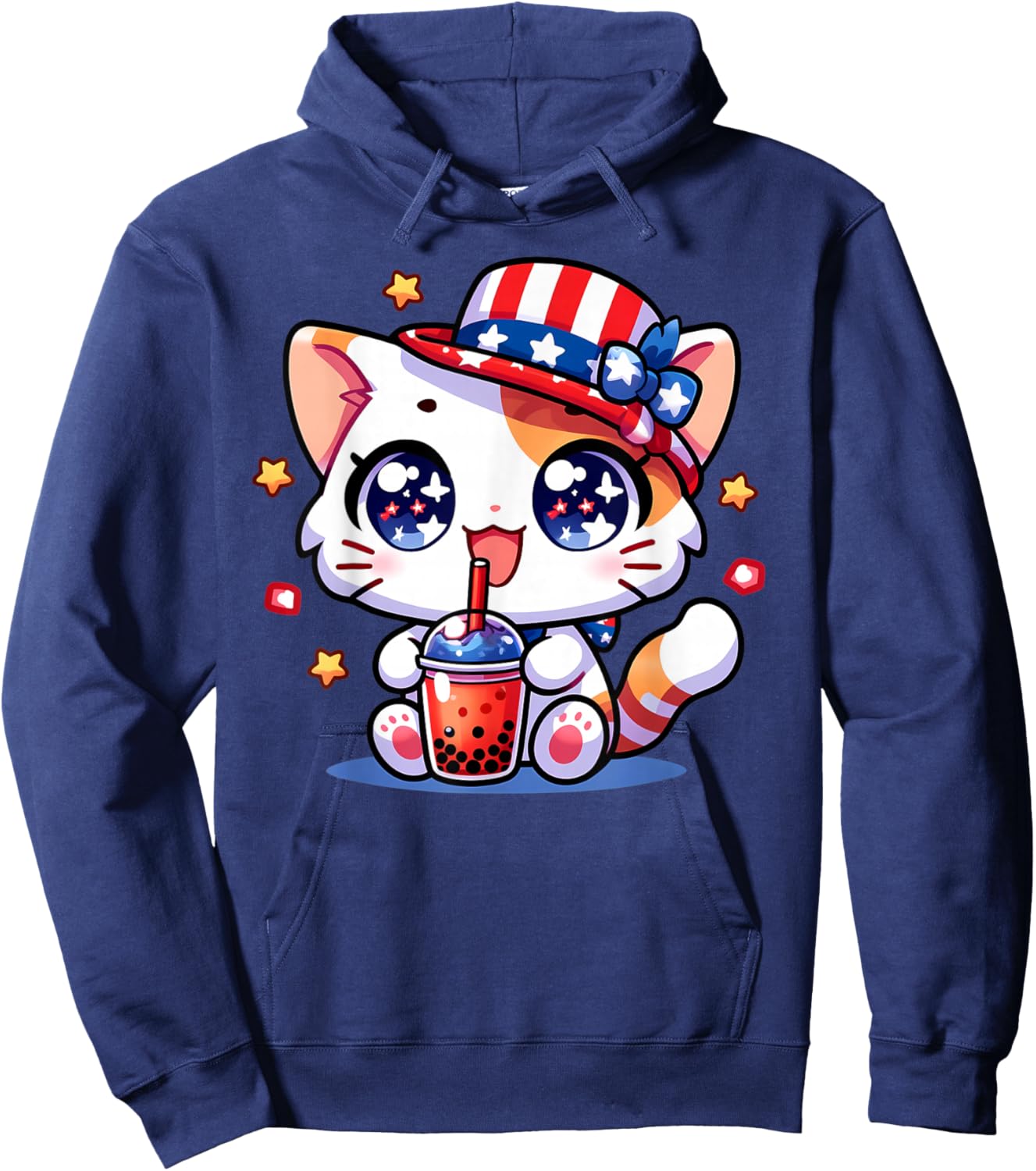 Cute 4th of July Cat Shirt Girls Kids Kawaii Anime Boba Tea Hoodie - Hoodie | Navy