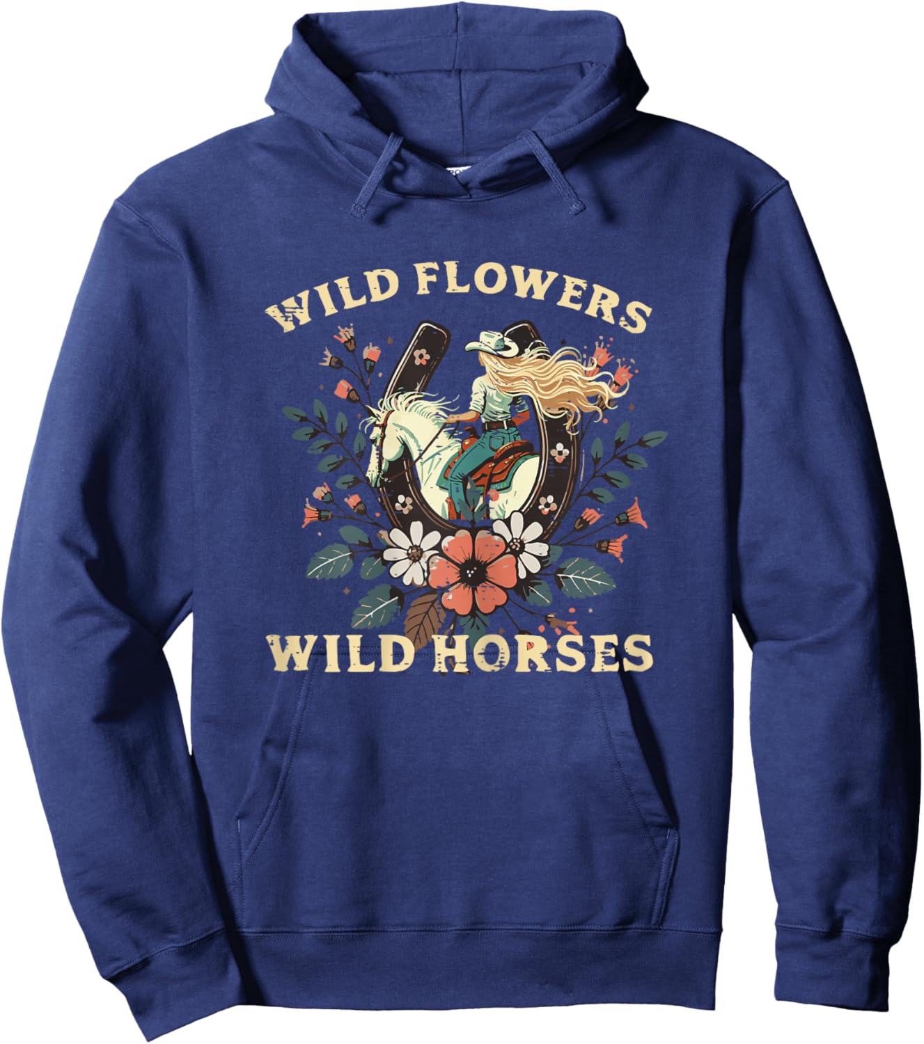 Wild Flowers Horses Vintage Equestrian Farm Women Girls Kids Hoodie - Hoodie | Navy