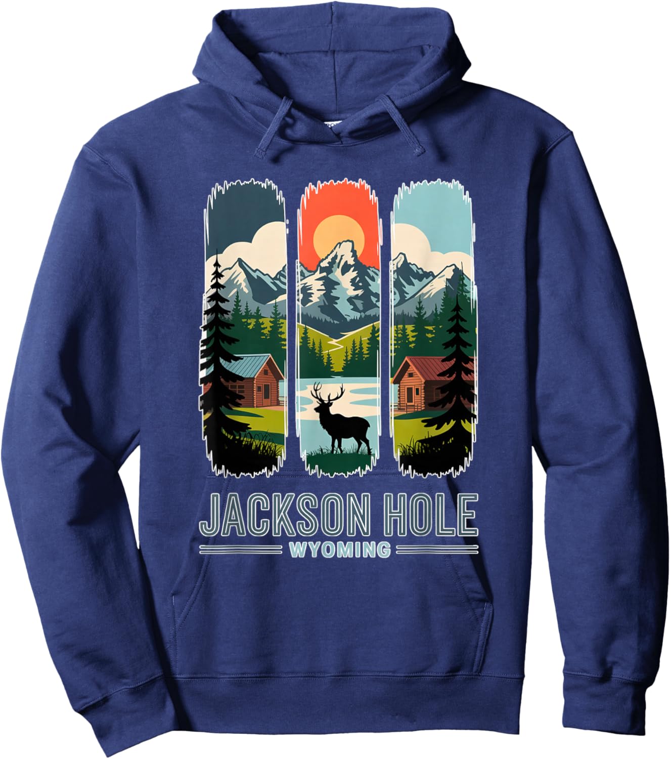 Jackson Hole Wyoming Elk Mountain Cabin Retro Travel Art Hoodie - Hoodie | Navy