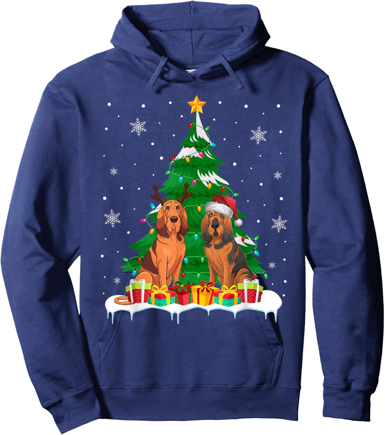 Bloodhound Dog Christmas Tree Lights Santa Reindeer Xmas PJs Hoodie - Hoodie | Navy