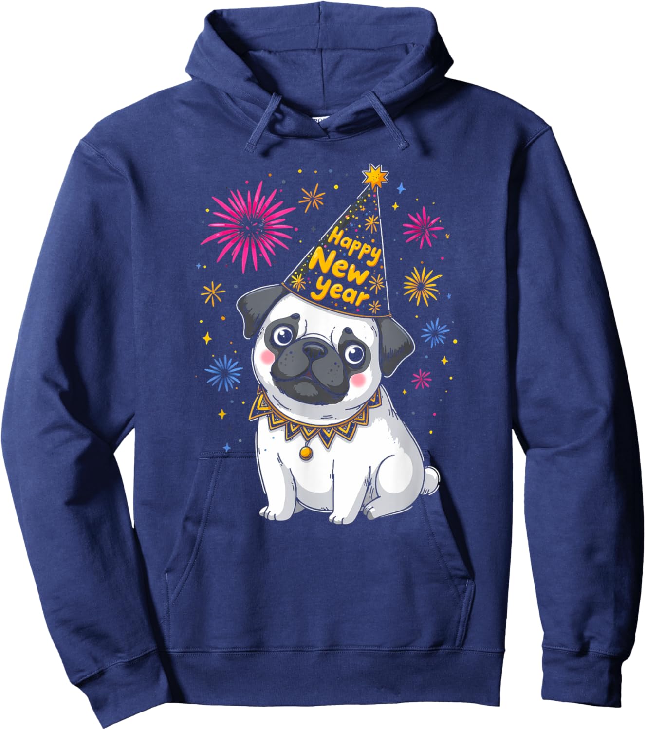 Happy New Year 2025 Eve Firework Dog Funny Pug Dog Hoodie - Hoodie | Navy