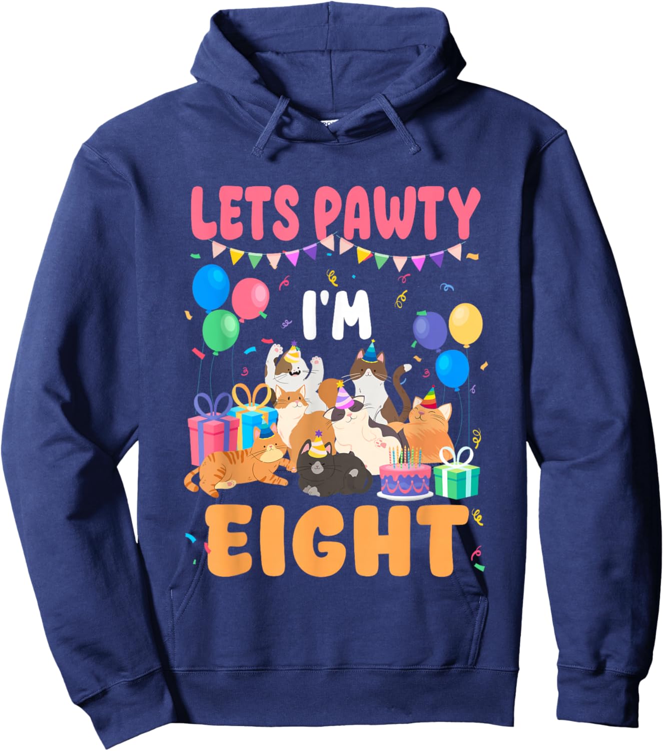 Lets Pawty I'm Eight 8th Birthday Cats Themed Party Hoodie - Hoodie | Navy
