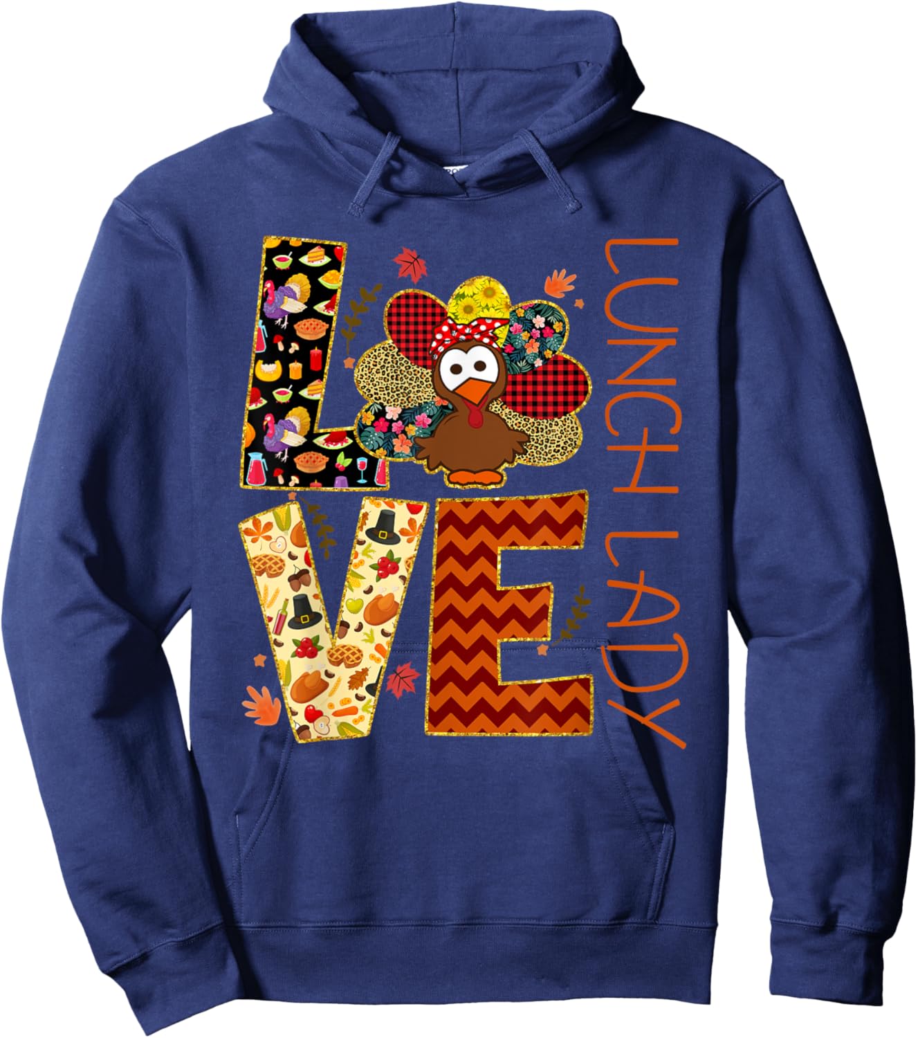 LOVE Turkey Lunch Lady Leopard Funny Thanksgiving Gift Women Hoodie - Hoodie | Navy