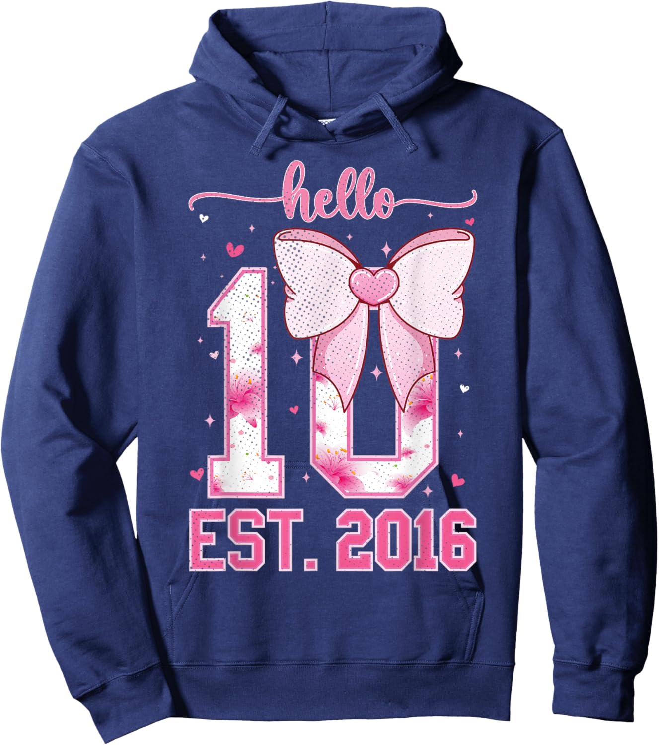 Hello Ten EST 2016 10th Girl Birthday Coquette Bow 10 Year Hoodie - Hoodie | Navy