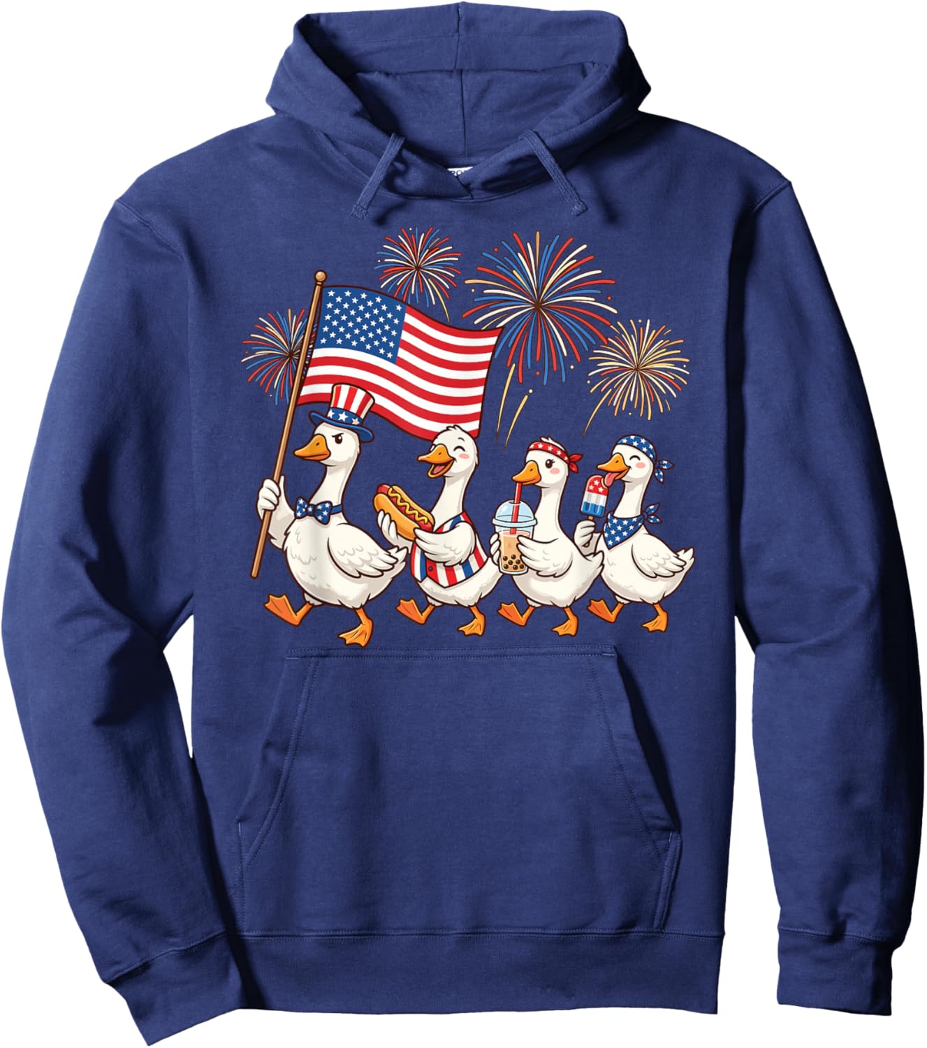 Funny Patriotic Goose Squad Celebrating 4th of July Cute Hoodie - Hoodie | Navy