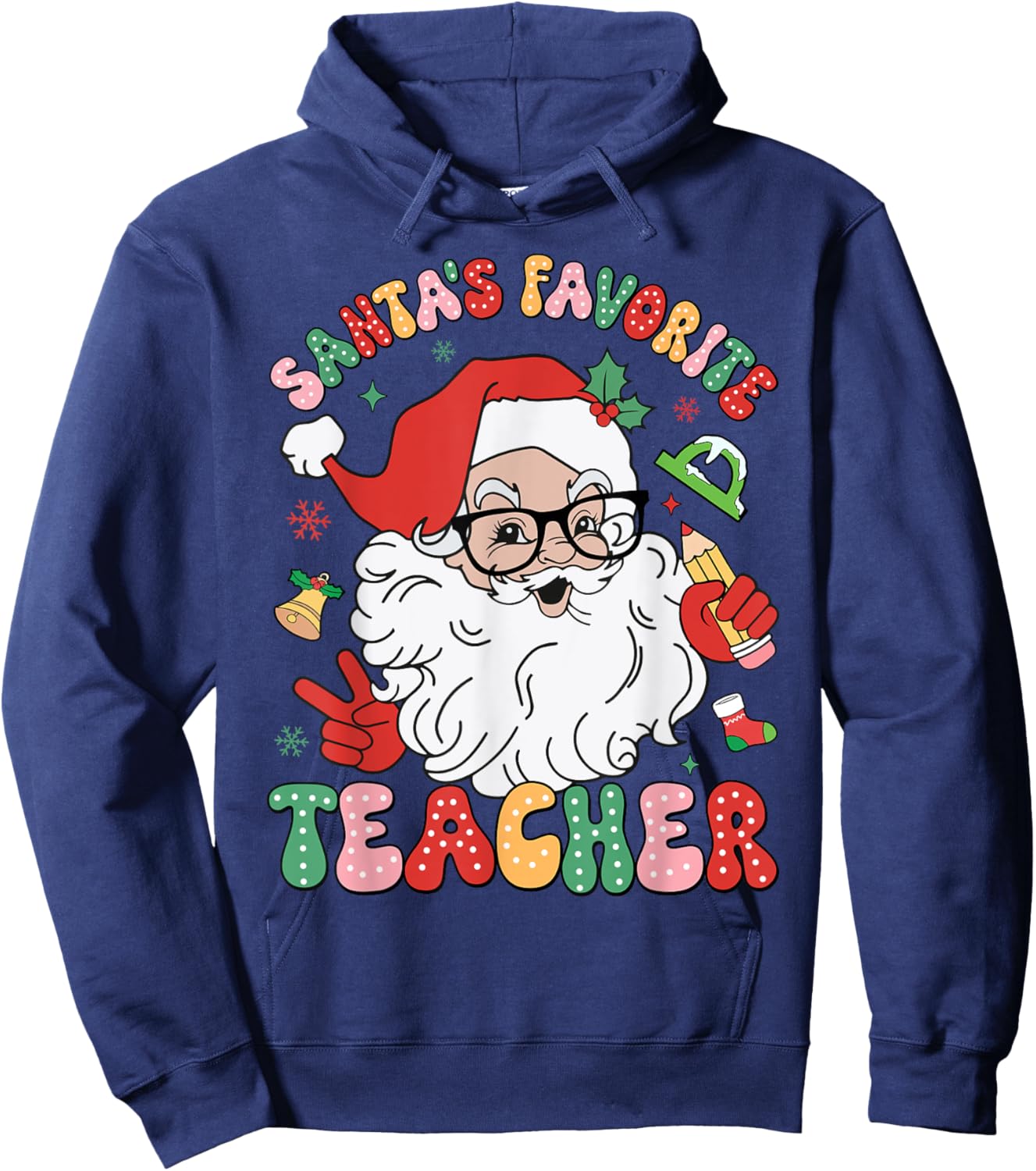Santa Favorite Teacher Groovy Christmas Teacher Boys Girls Hoodie - Hoodie | Navy